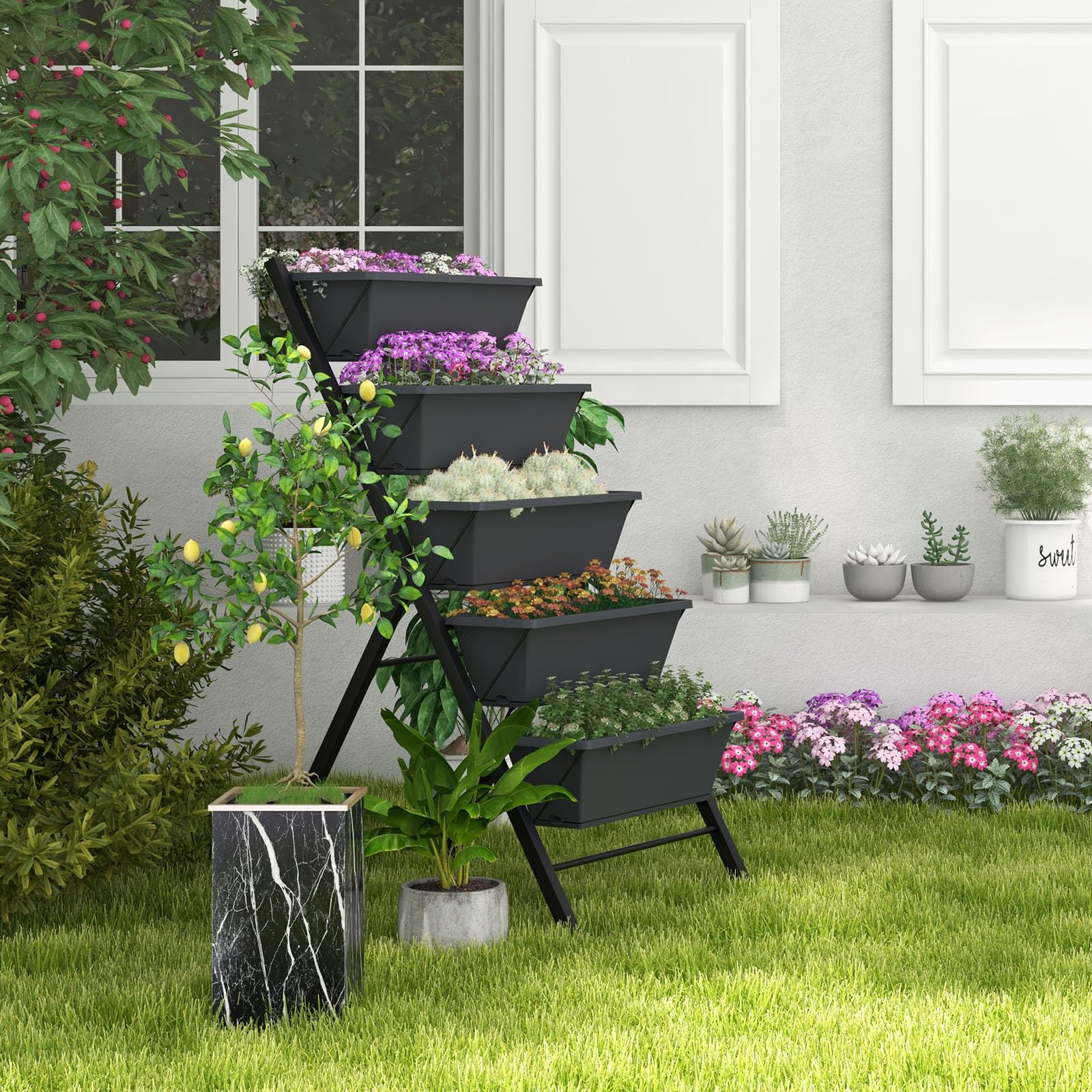 RELAX4LIFE Vertikalbeet mit 5 Blumenkästen, Vertikales Hochbeet mit 5 Etagen, Kräuterbeet mit Feststellbaren Rädern & Metallrahmen, Mobile Pflanztreppe für Balkon Garten (Schwarz, 68 x 57 x 117 cm)