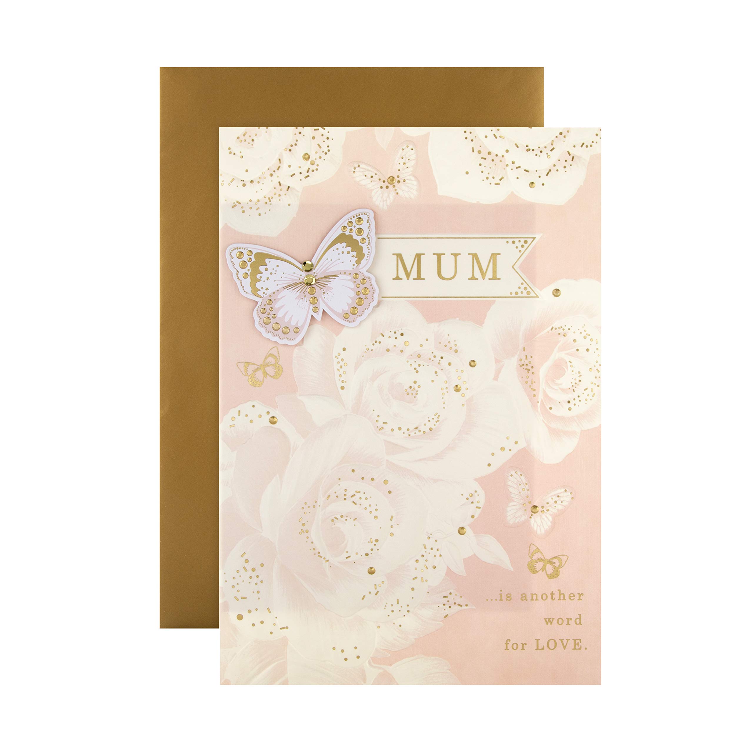 Hallmark Mum Mothers Day Card, Elegant Embossed Design, Butterflies & Florals, Gold, Pink, White