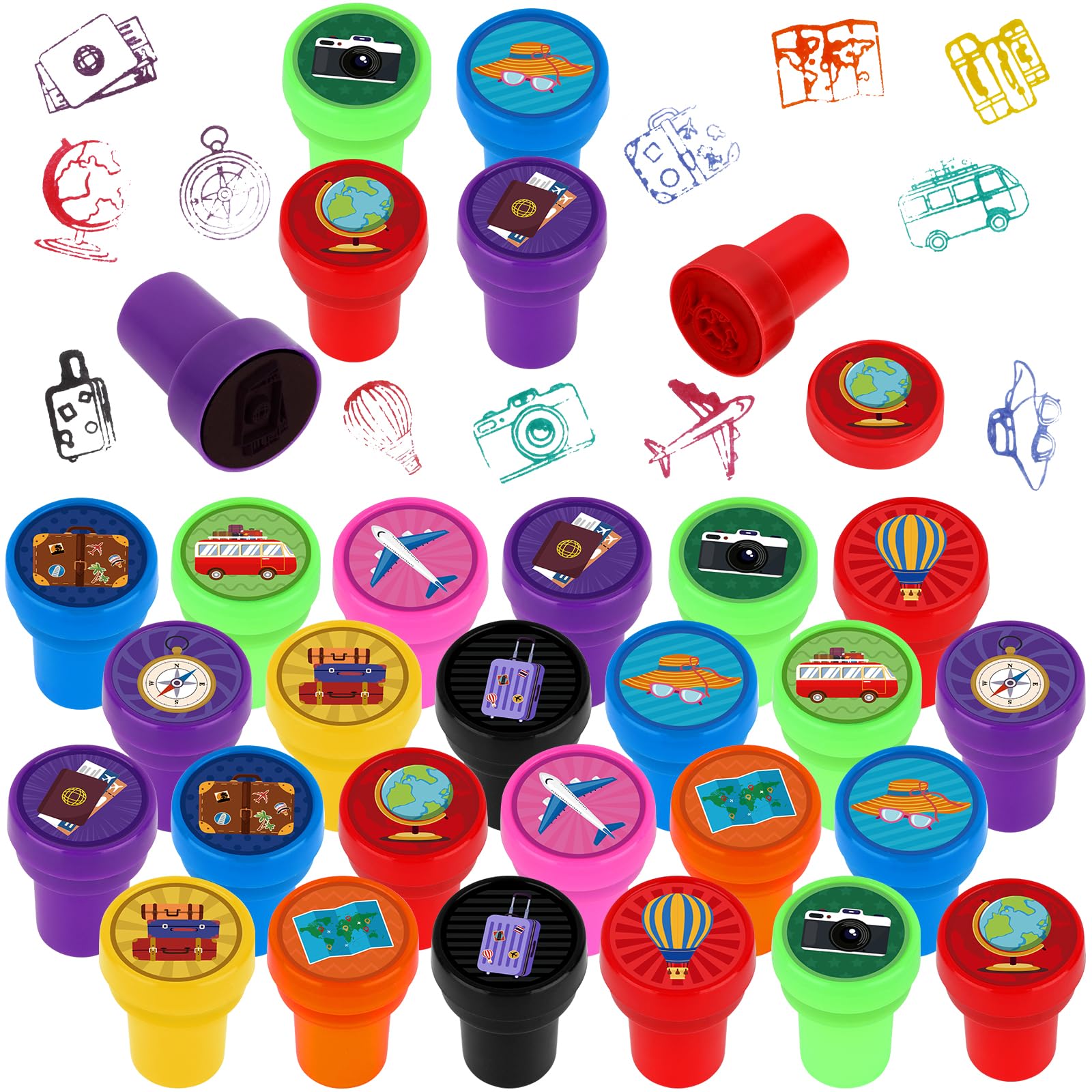 Hxezoc 24 Pieces Adventure Travel Print Stamp, Mini Colorful Self Inking Stamps Party Favors Assorted Stamp Set for Classroom Party Educational Learning Activities Supplies