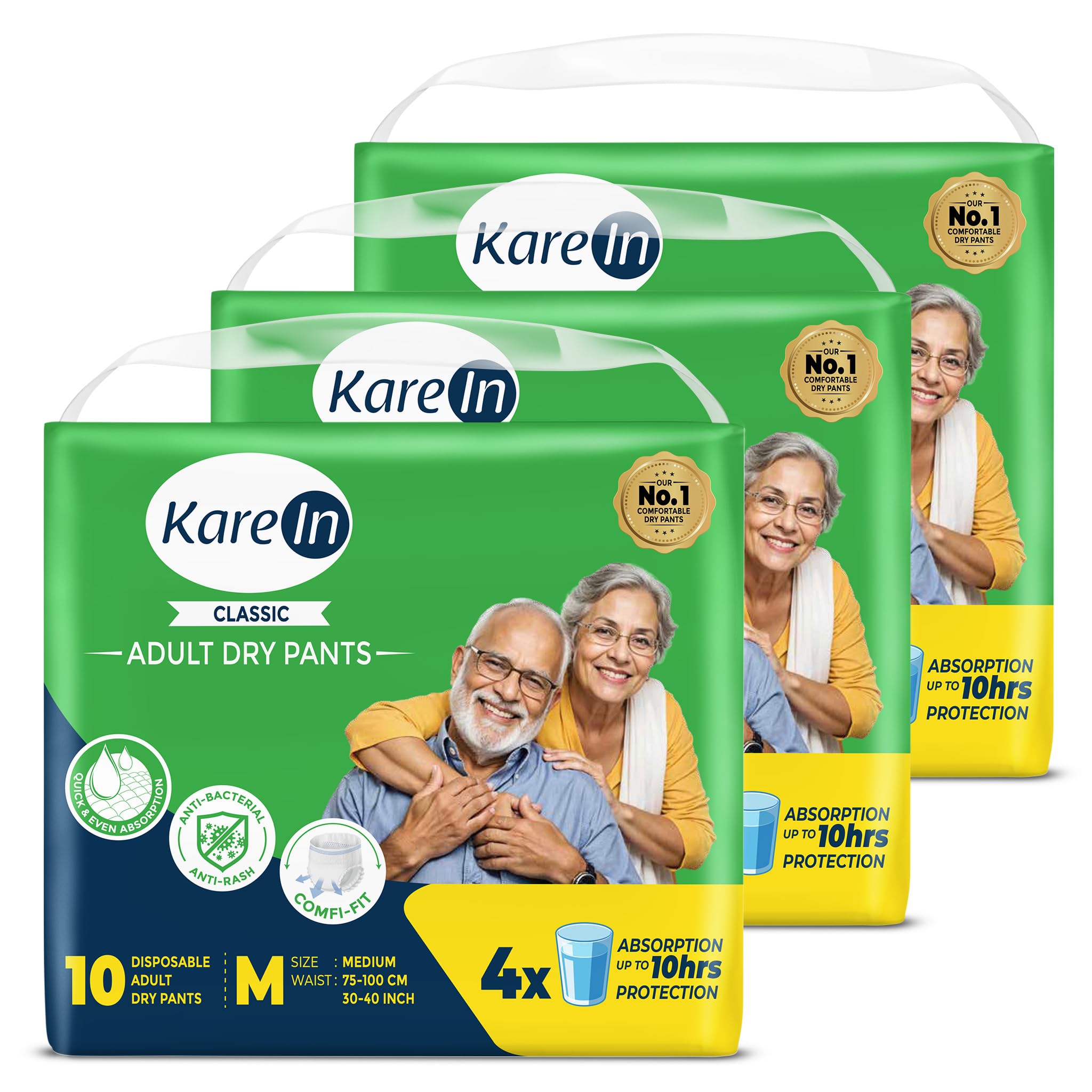 KareIn Classic Adult Diaper Pants, Medium 75 - 100 Cm (30"- 40"), 30 Count, Unisex, Leakproof, Elastic Waist, Wetness Indicator, Pack of 3