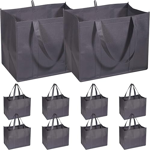 DIOMMELL Paquete de 10 bolsas de comestibles reutilizables, extra grandes, superfuertes, resistentes, con asas reforzadas, color gris