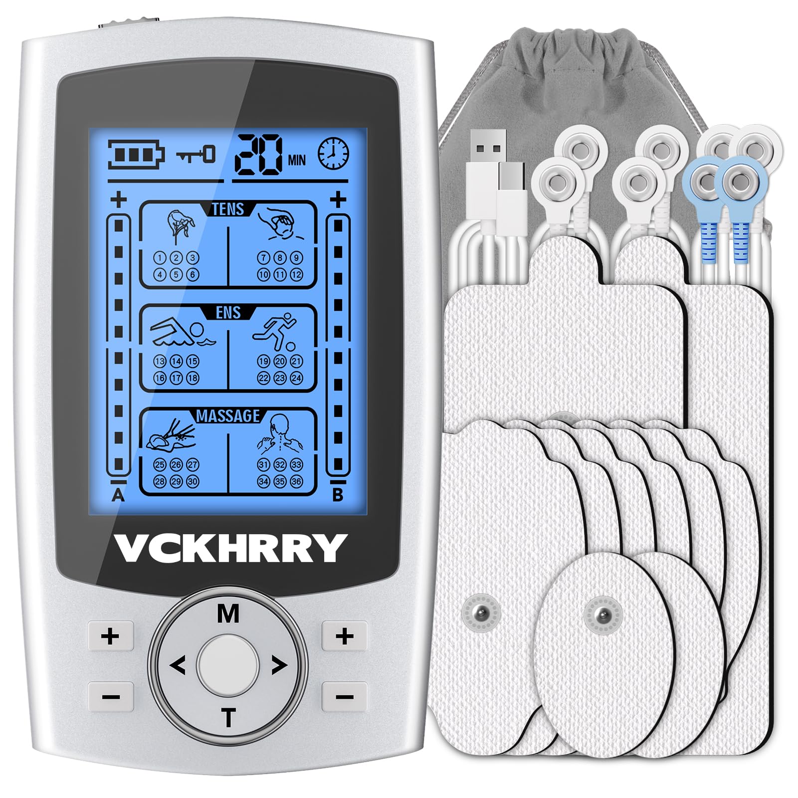 Électrostimulateur Musculaire 3 en 1 TENS EMS, Massage Relaxant | Entraînement Musculaire, 36 Programmes 2 Canaux Indépendants, Réutilisable 10 Électrodes, Facile à Emporter