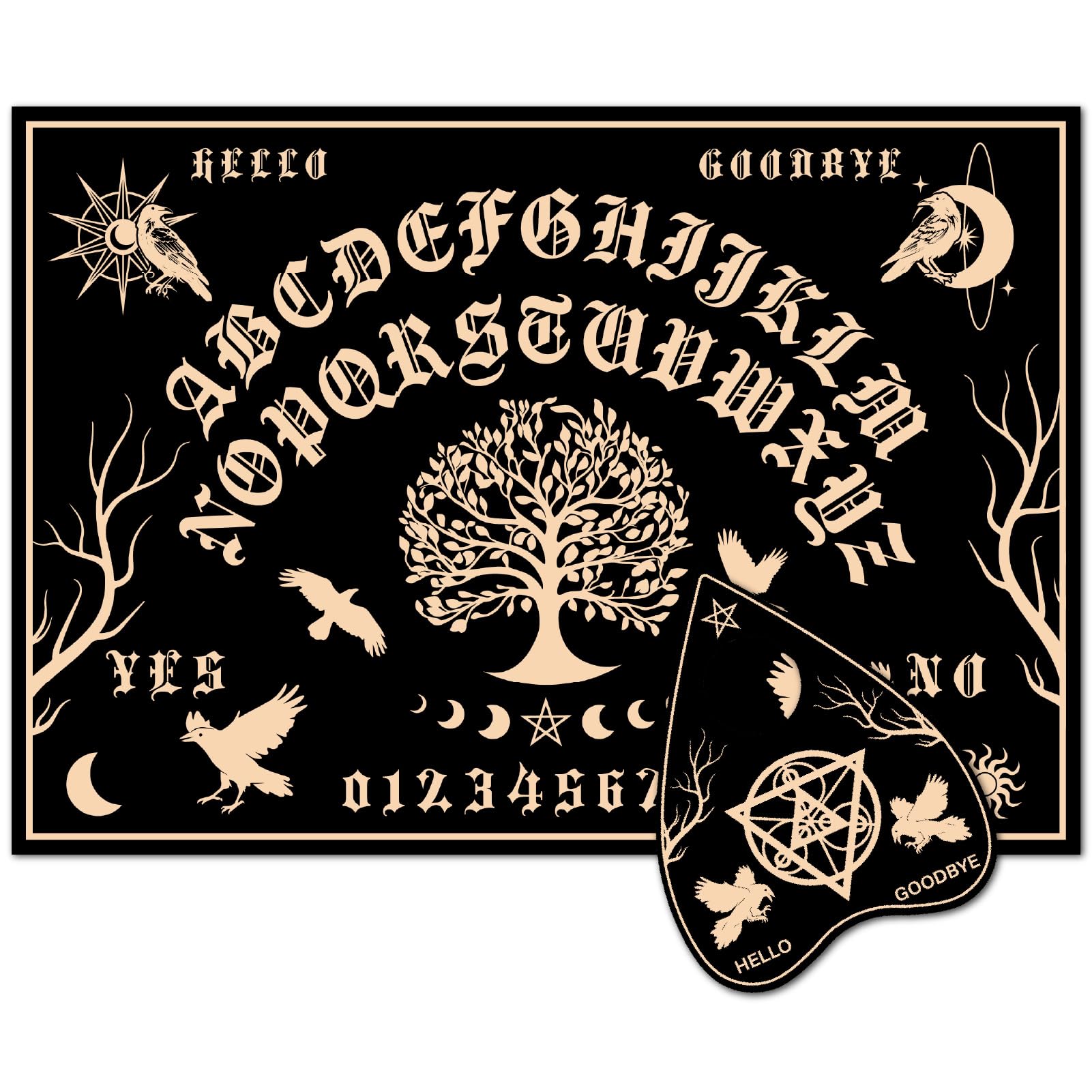 CREATCABIN Tree of Life Pendulum Board Divination Boards Black Wooden Bird Moon Star Dowsing Metaphysical Message Ghost Hunt Spirit Talking Kit with Planchette for Witchcraft Altar Supply 11.8" x 8.3"