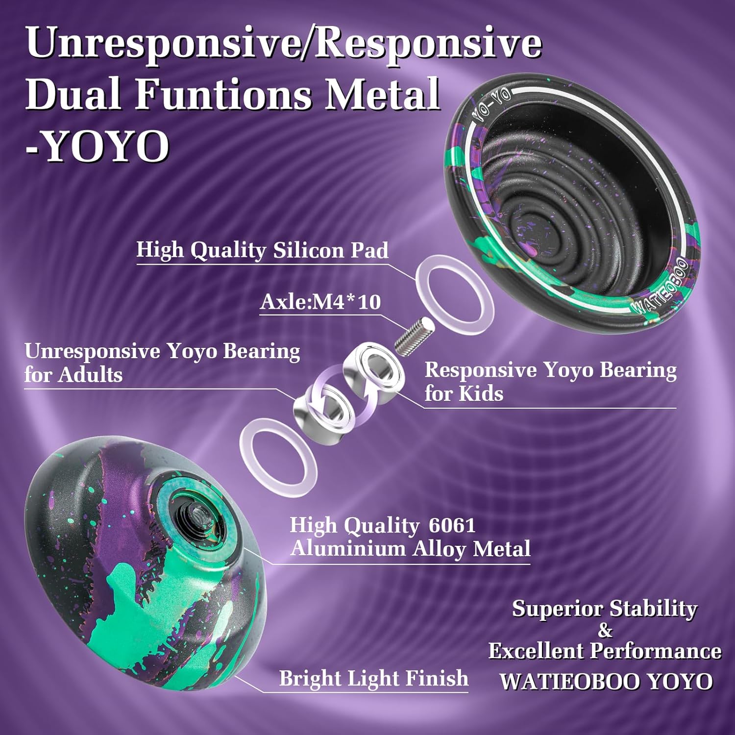 WATIEOBOO Unresponsive Metal Yoyo Professional, Replacement Responsive Ball Bearing Yoyo for Beginners, Professional Trick Yo yo for Adults with Bag, Glove and 10 Yo-yo Strings