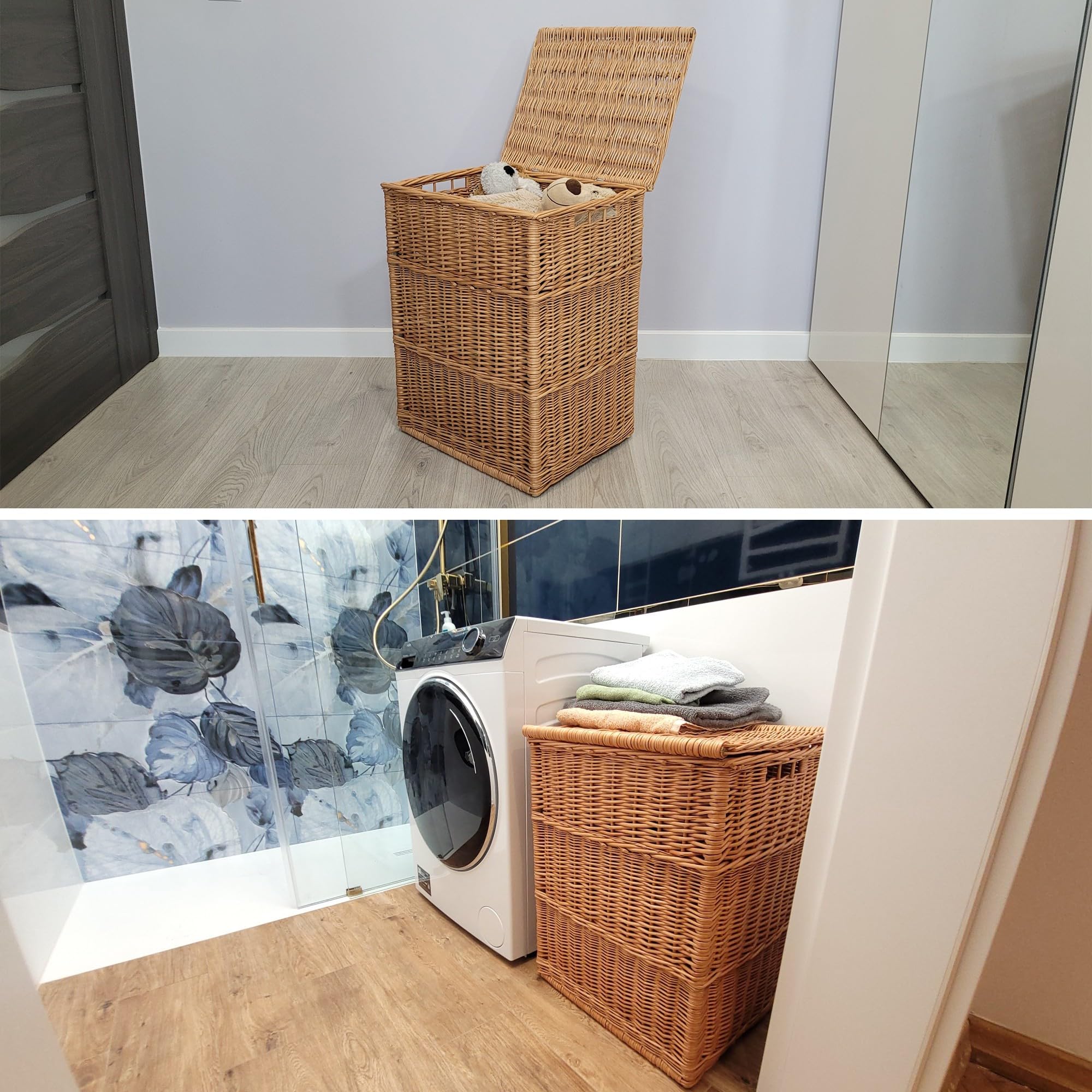 Panier en osier naturel weeco pour linge, vêtements ou jouets, couvercle rabattable et deux poignées de transport. Grand coffre en osier naturel pour vêtements, oreillers et jouets