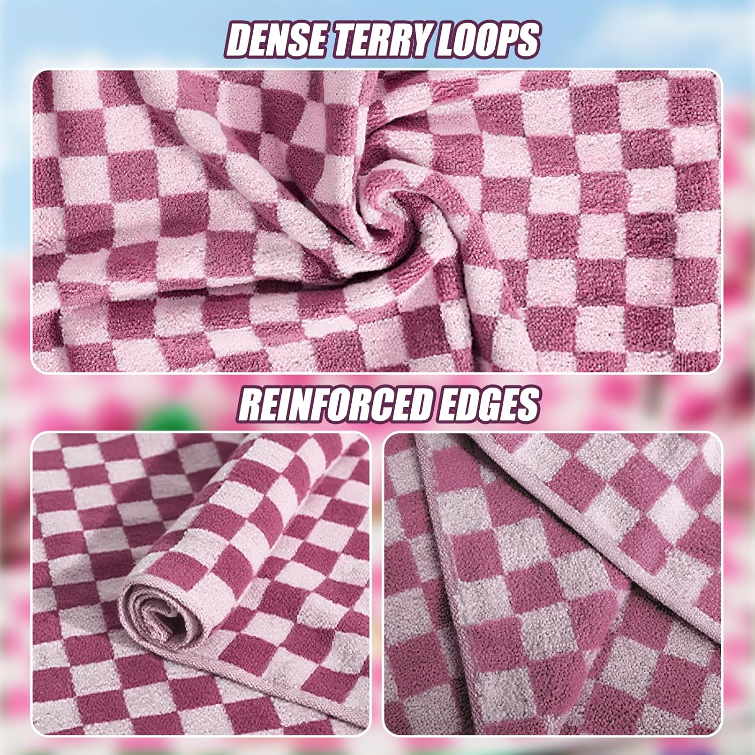 2 Pack Pink Checkered Bath Towel Set, Cotton Towels, Quick Dry and Lightweight, Large Absorbent Shower Towels for Bathroom, Pool, Beach, Send Goods from Local Warehouse