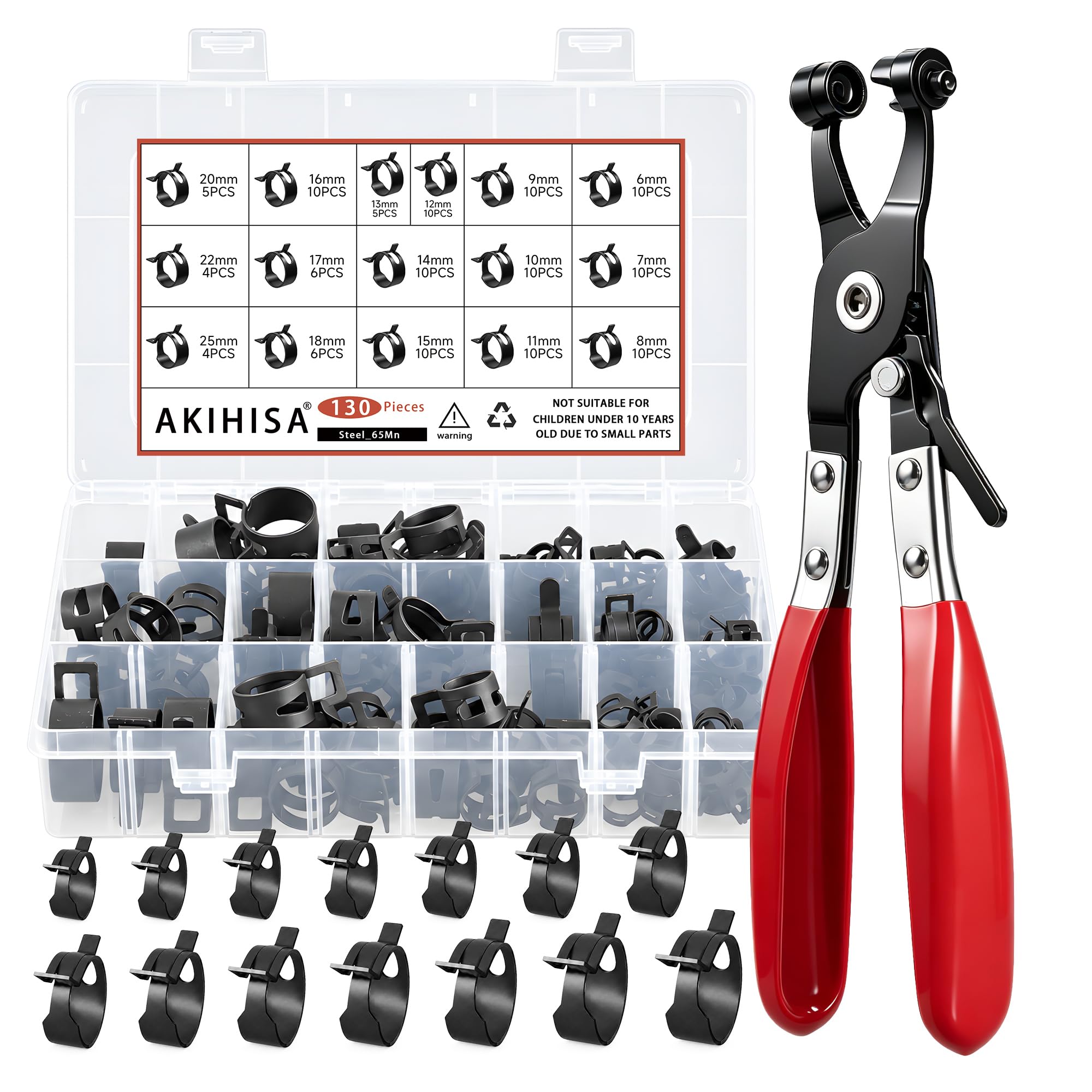 130PCS Spring Band Hose Clamps Assortment Kit 6-25mm with Hose Clamp Plier
