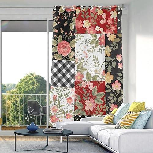 Miniatura 5 de Cortinas opacas con diseño de flores y rosas de retazos de 84 pulgadas de largo para dormitorio y sala de estar, cortinas de oscurecimiento con