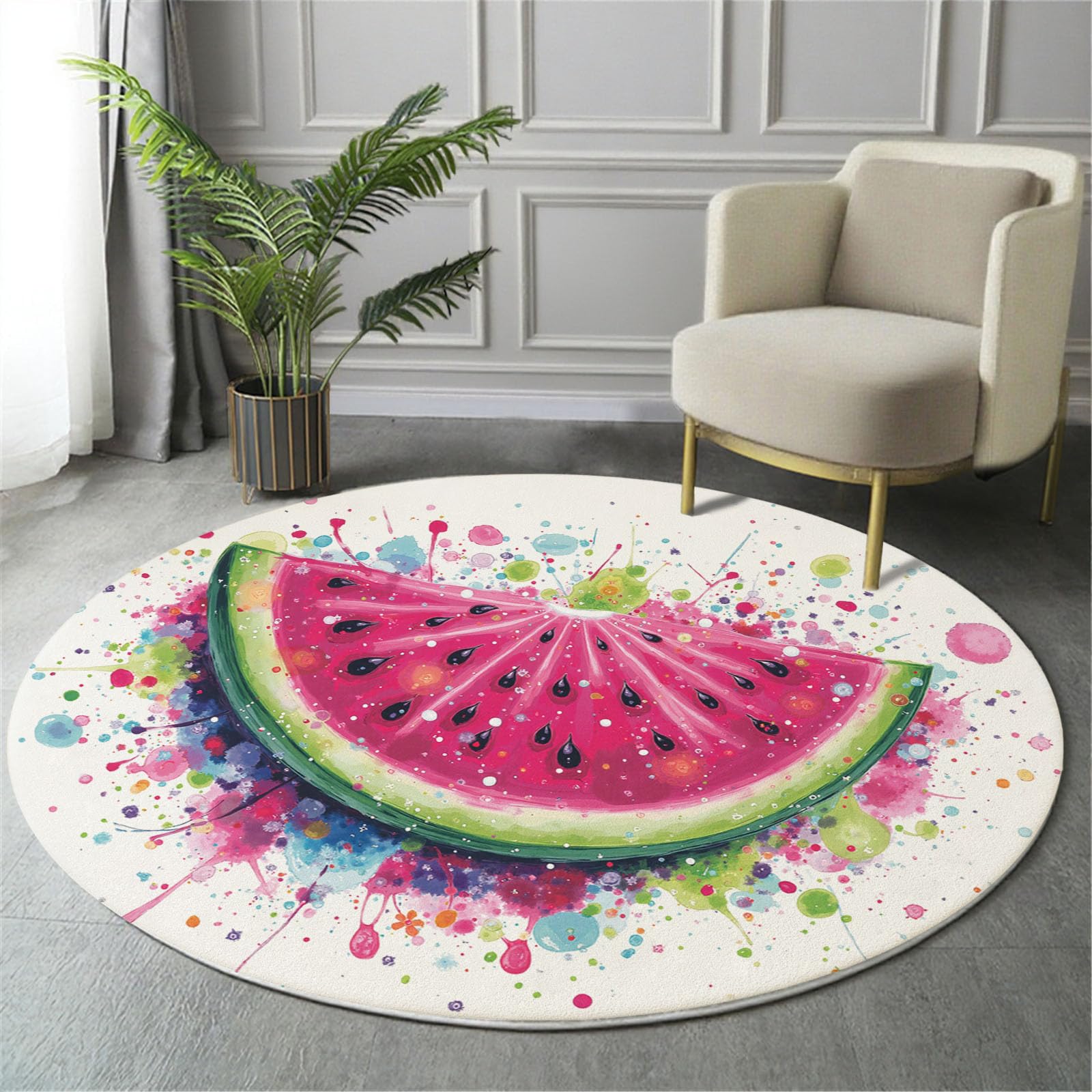 Tapis pastèque aquarelle 100 cm | Grand tapis lavable design rose rouge pour salon
