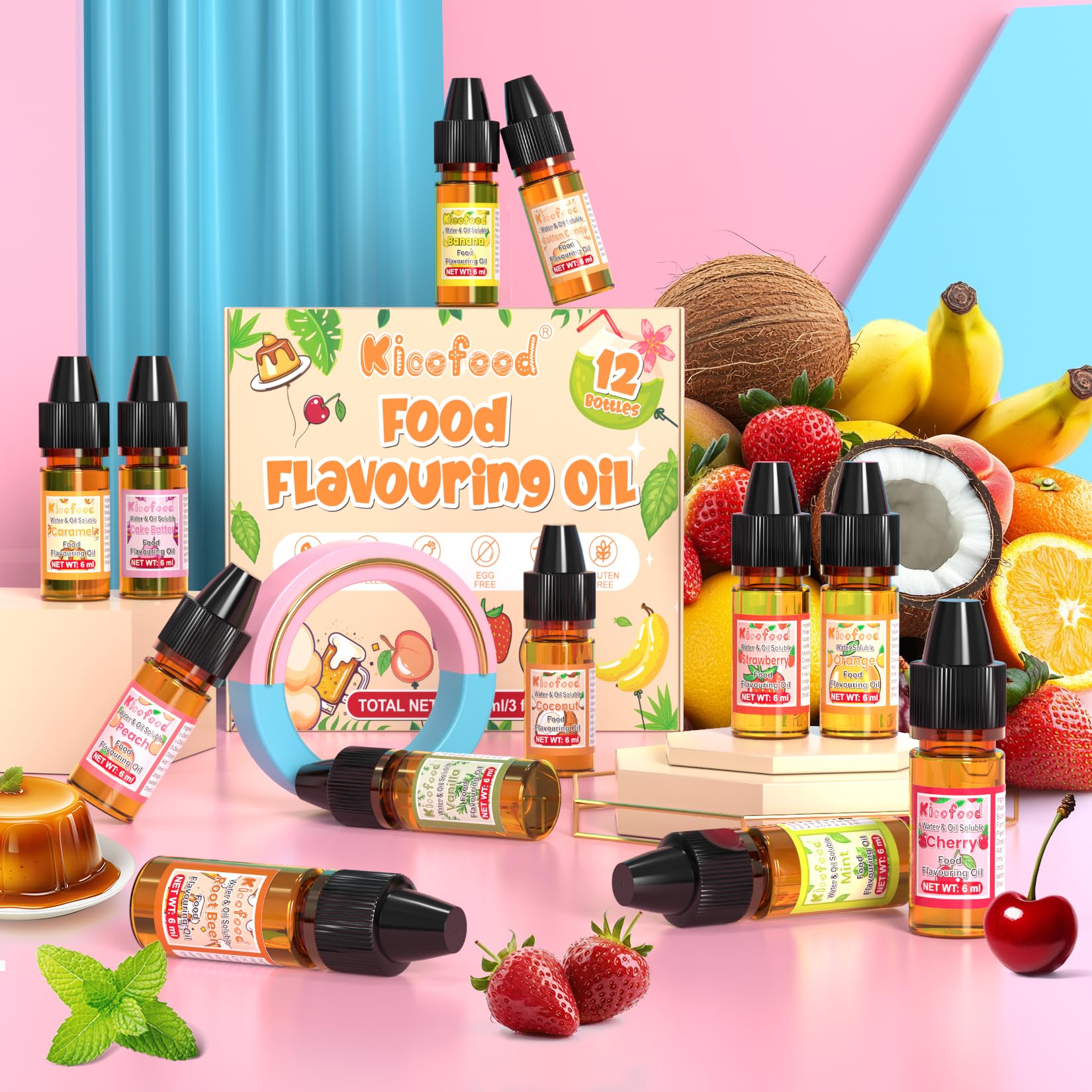 Aromas Alimentarios - 12 Saborizantes Sin Azucar Concentrado para Yogur, Hornear, Bebidas, Postres, Requesón, Pastel, Jabón, Soluble En Agua Y Aceite – 6ml
