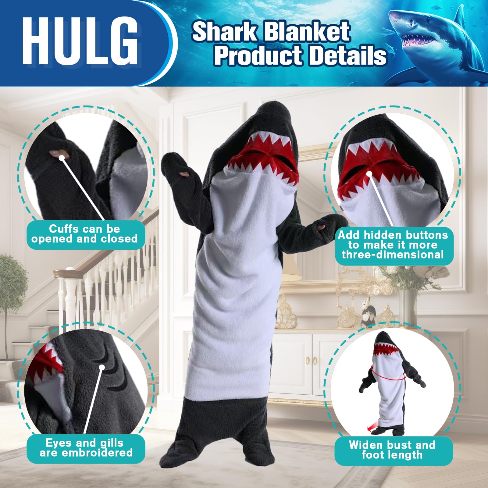HULG Shark Costume,Shark Blanket,Wearable Shark Sleeping Blanket,Soft and Comfortable Crystal Fleece Hooded Shark Sleeping Bag,carnival clothing - Image 2