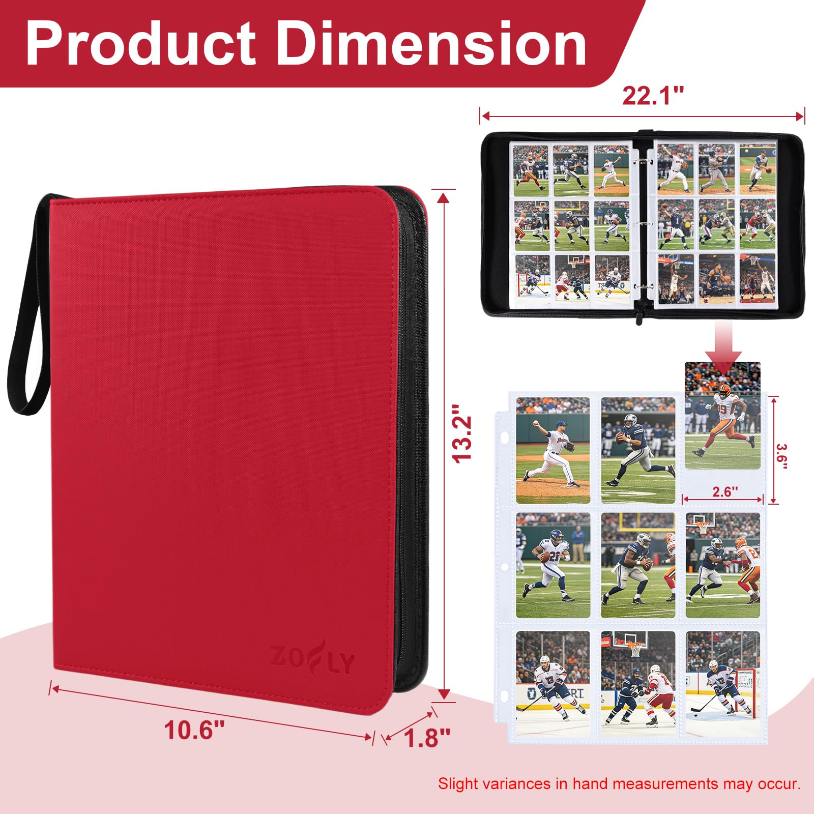 Confezione da 50 raccoglitori per carte collezionabili a 9 tasche, 3 anelli, di alta qualità, con cerniera, 900 grandi capacità di archiviazione per carte sportive, in poliuretano, per TCG, MTG