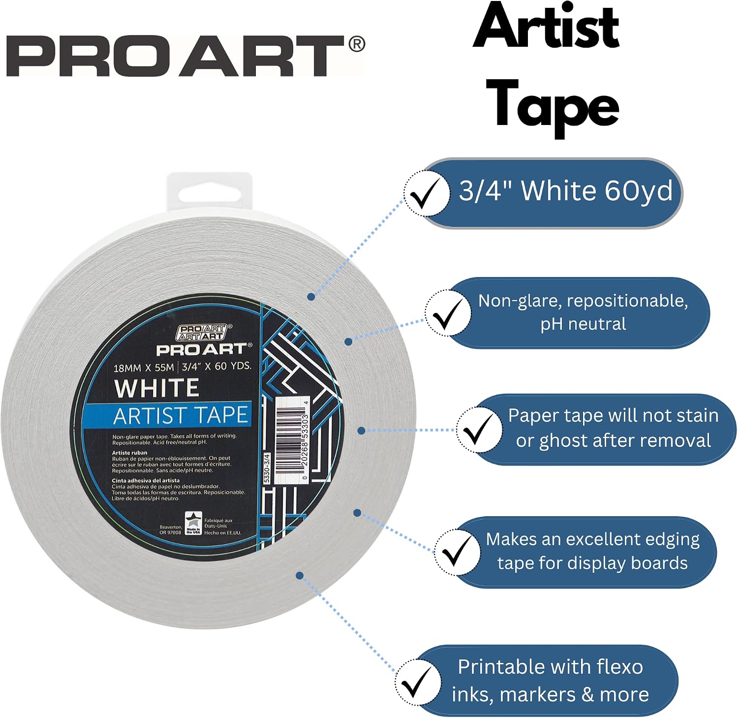 PRO ART White Artist Tape, 3/4 inch Wide by 60-Yards, White Masking Tape Art Craft Tape, Decorative Paper Painters Scrapbooking Drafting, Tape