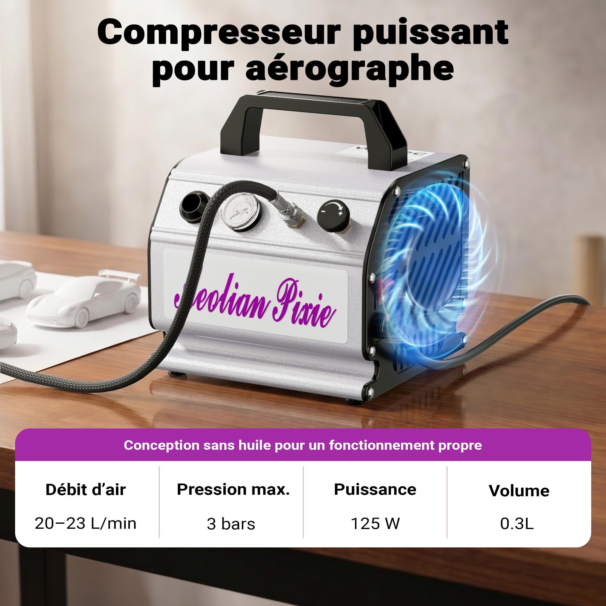 Wiltec Compresseur à membrane Aérographe Airbrush AS176 – Monocylindrique, portatif, silencieux – 3 bar – Diaphragme – Sans huile – Pour aérographie, modélisme, manucure, tatouage