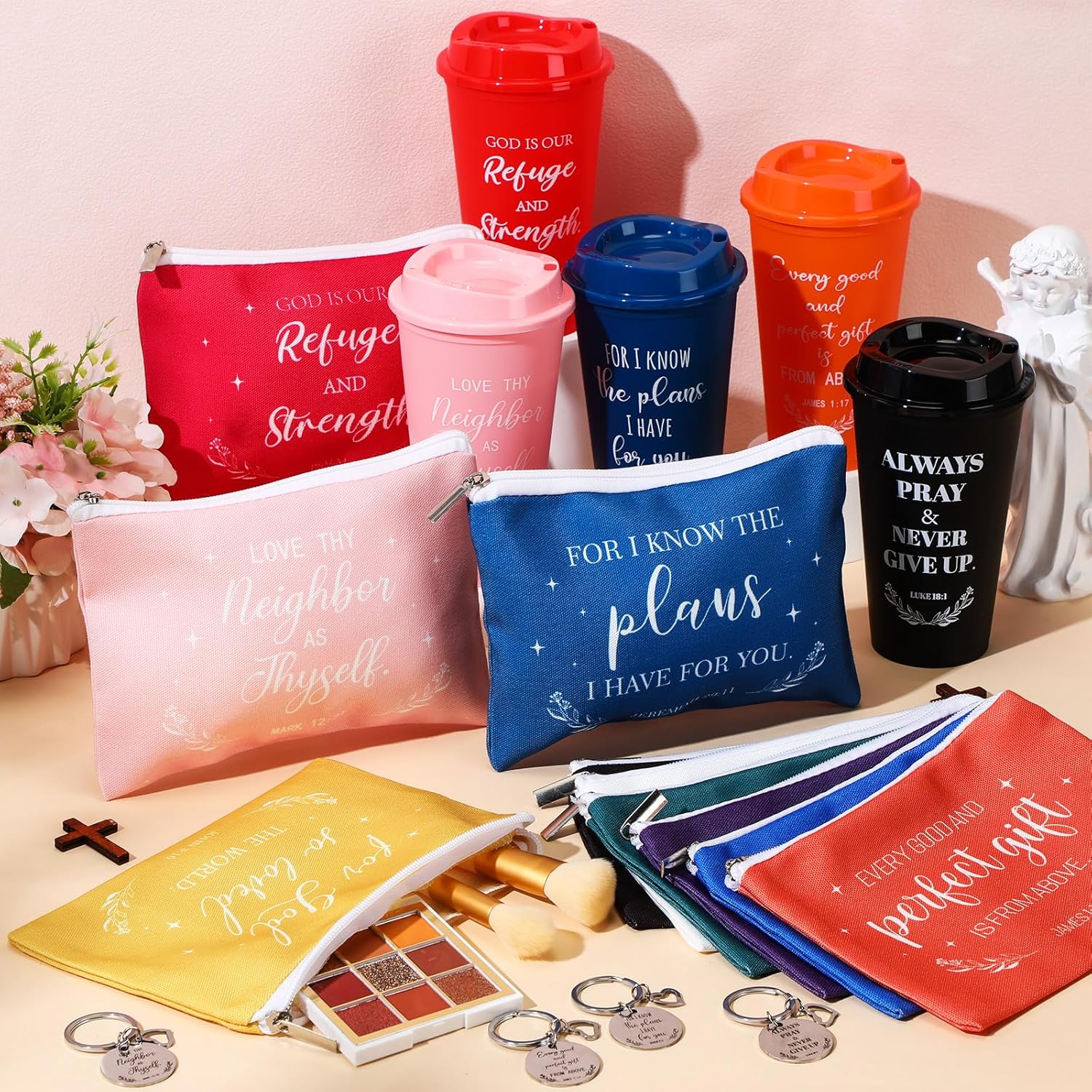 Teenyyou 30 Pcs 10 Sets Christian Gift Bulk for Women Scripture Coffee Cups 16 oz Bible Verse Plastic Tumblers with Lid Makeup Bags Keychains Christian Religious Church Mother Gifts Bulk