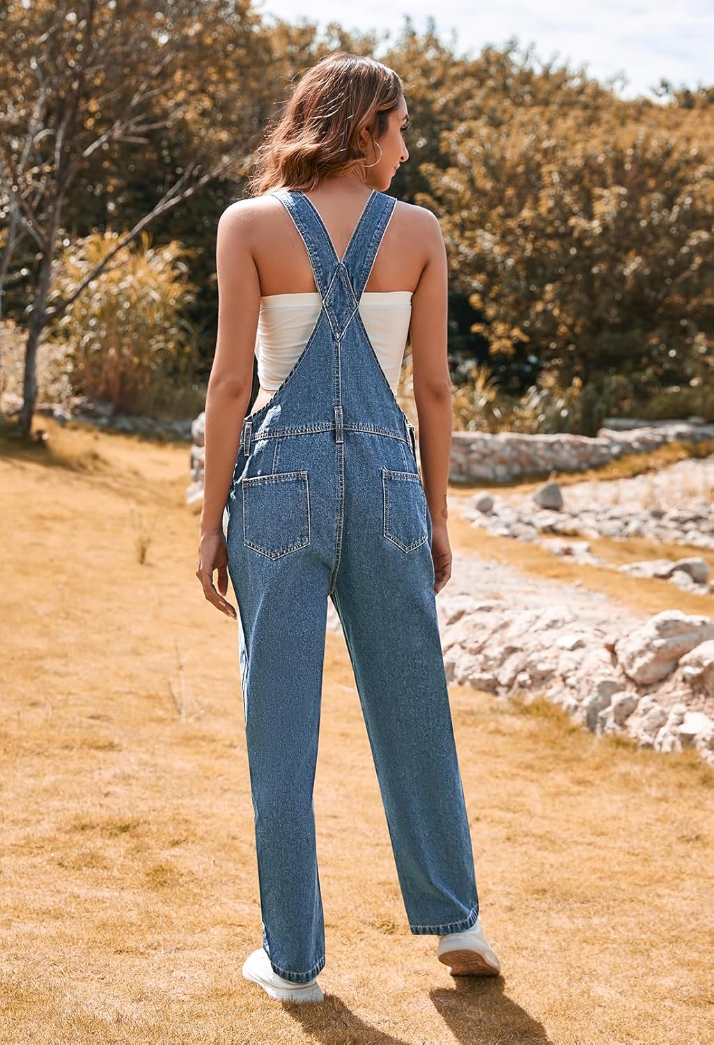 Pink Queen Women's Denim Bib Overalls Casual Loose Adjustable Straps Wide Legs High Waist Jean Pants Jumpsuits with Pockets - Image 5