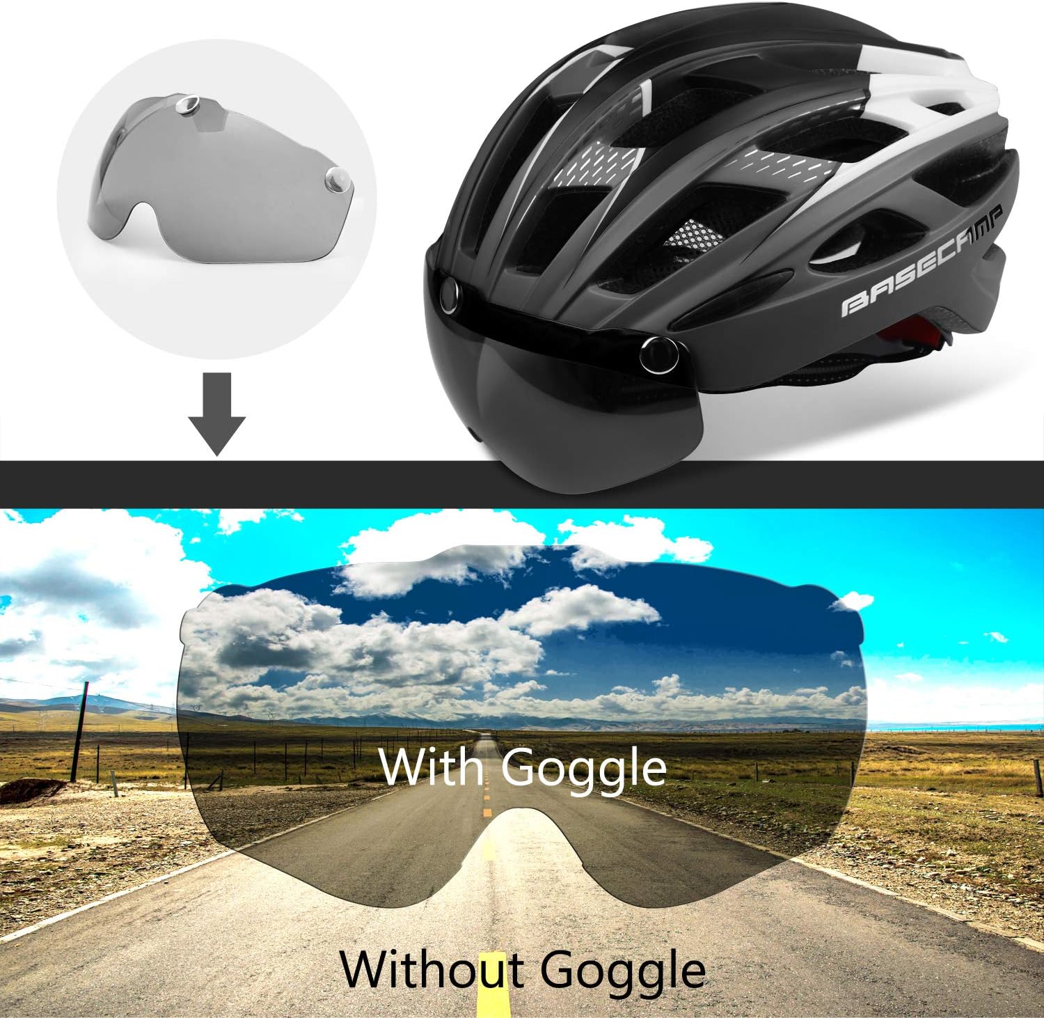 Bike Helmet, Basecamp Bicycle Helmet Cycling/Climbing Helmet with Detachable Magnetic Goggles Visor&Led Back Light&Portable Backpack Adjustable for Men Women Mountain Road Bc-069 : Sports & Outdoors