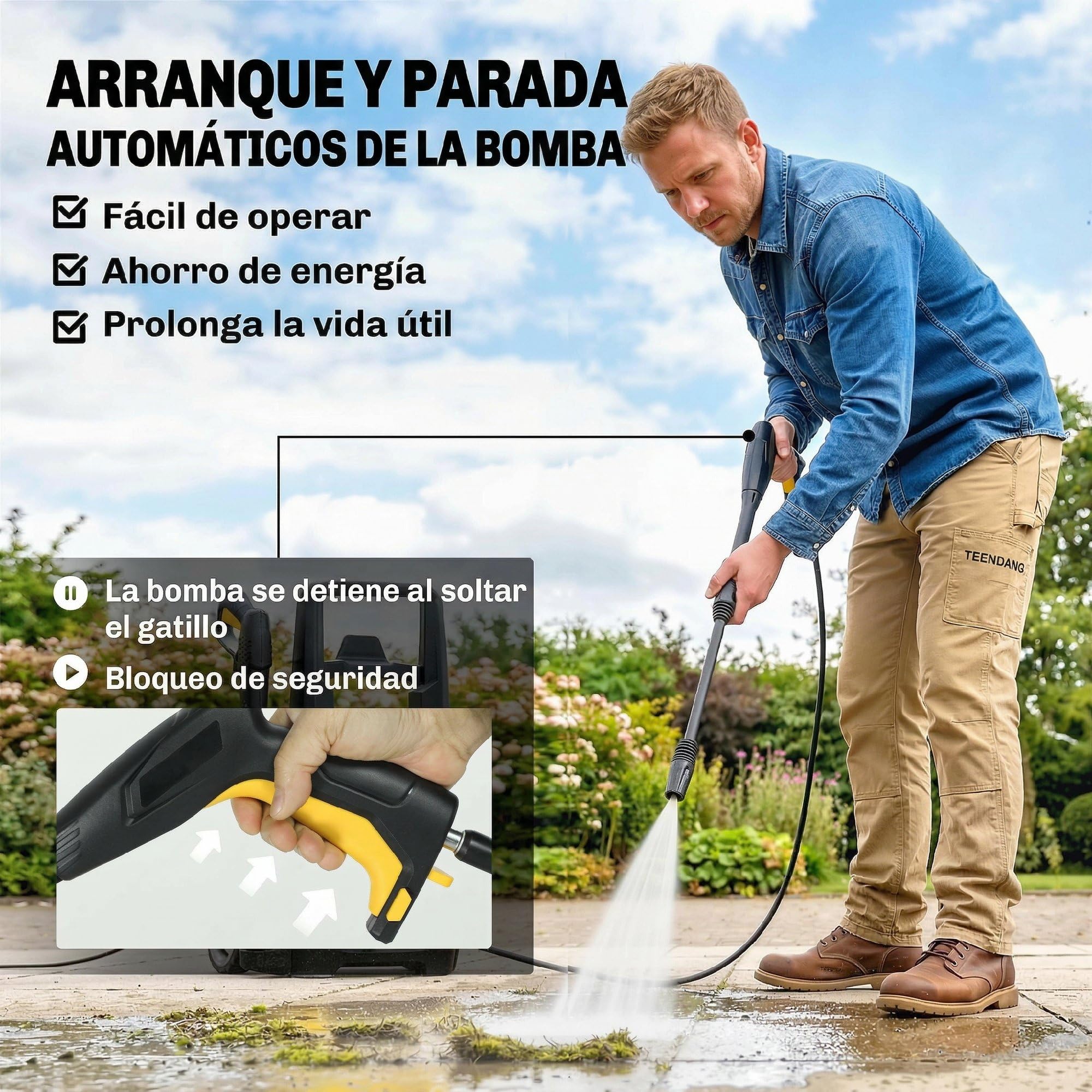 Outsunny Hidrolimpiadora de Alta Presión 1600W 120 Bar 390 L/h Amarillo | Bomba de Aluminio, Parada Automática, Manguera 3 m, Boquilla Ajustable, Ruedas, para Hogar Jardín Coche