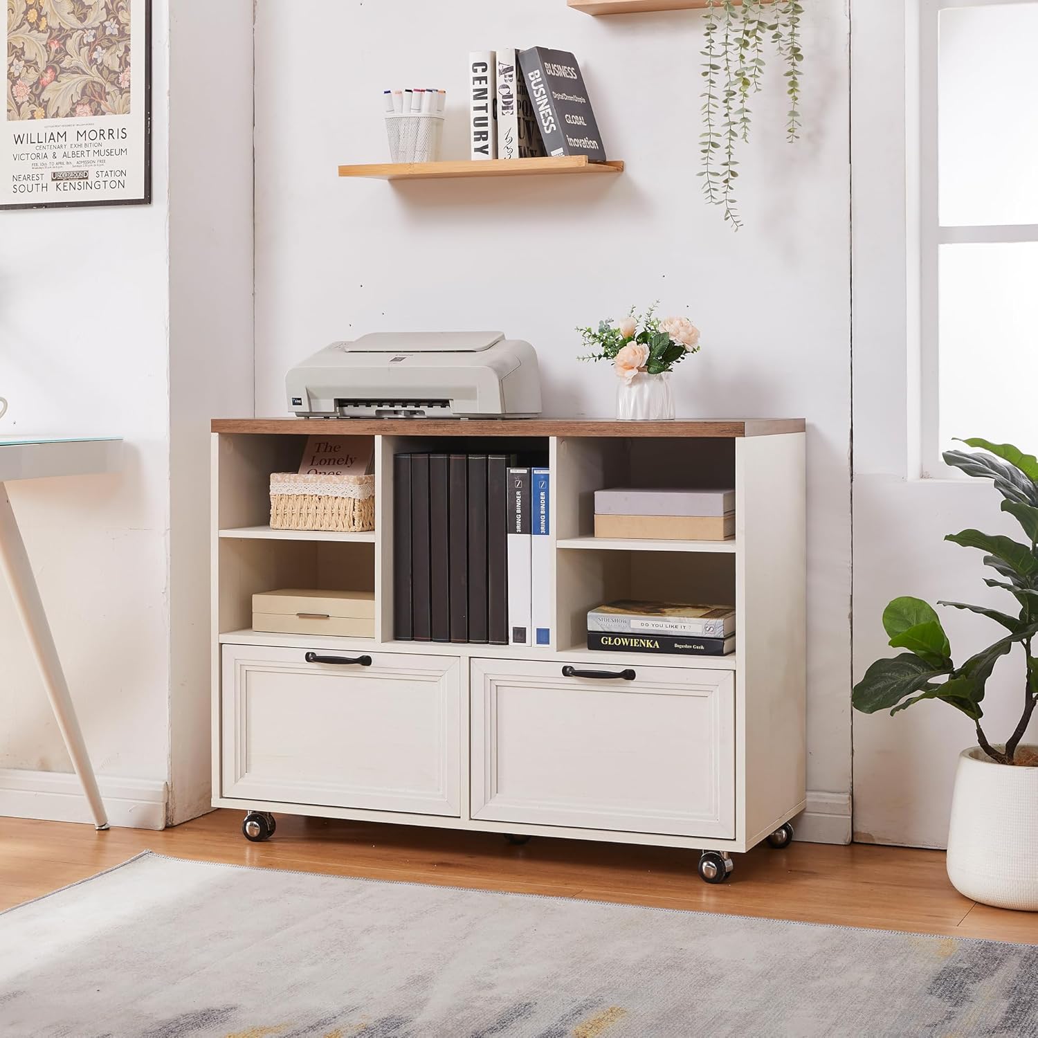 40" Lateral File Cabinet,Farmhouse Wood Small Home Office Storage with Wheels,Filing Cabinet with 2 Drawers for Legal/Letter/ A4 Size