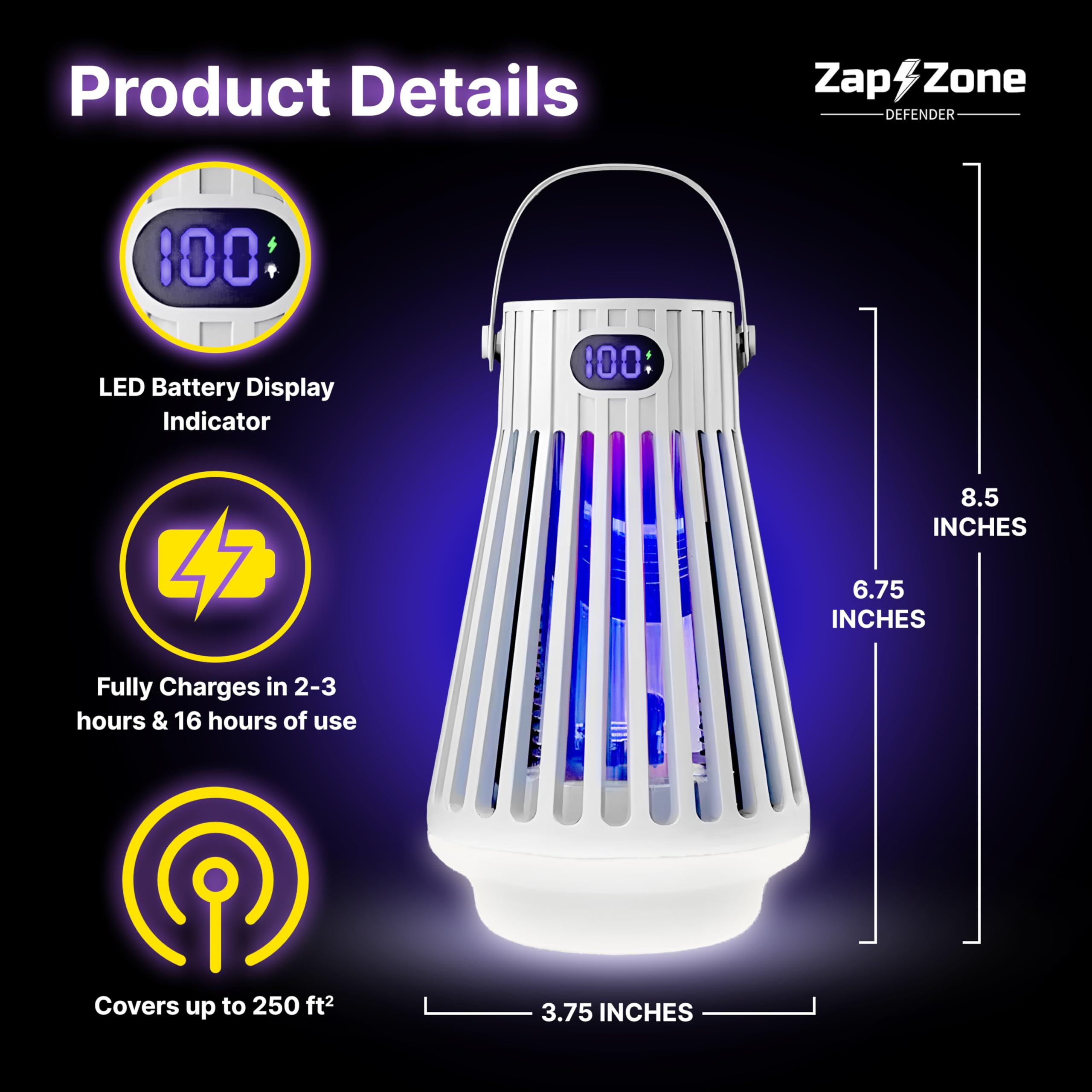 Zap Zone Defender Insektenvernichter für den Innen- und Außenbereich, wiederaufladbar | UV Licht USB-C Elektrische Insektenfalle Mückenschutz Outdoor Terrasse Camping Fallen 3 Modi IPX5 Wasserdicht
