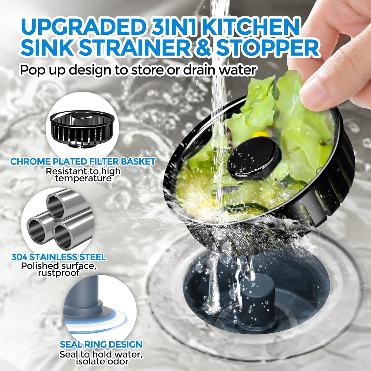 zaa 3 in 1 Kitchen Sink Drain Strainer Stopper Removable Basket Pop-Up image 2