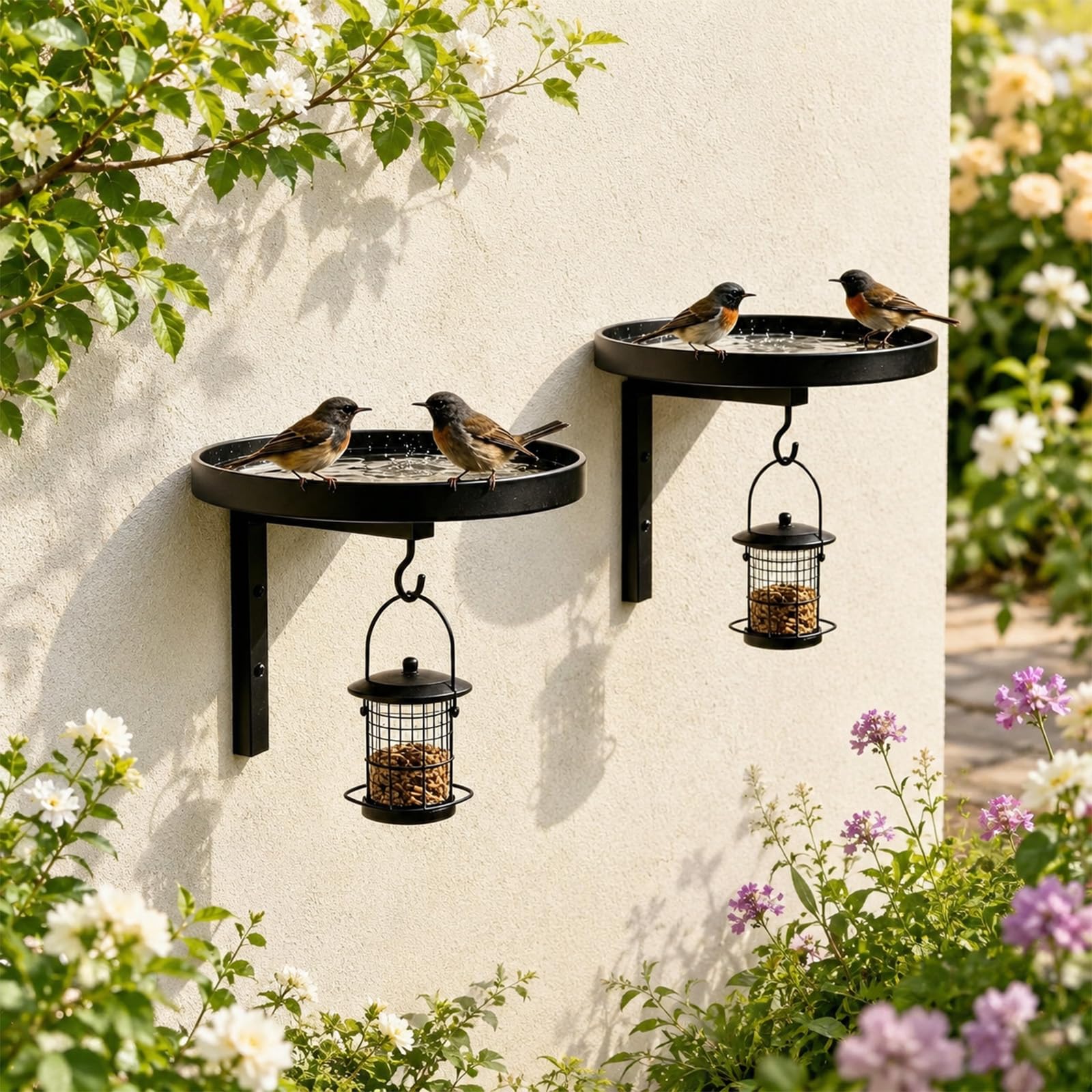 Wall Mounted Bird Bath For Garden, 2 In 1 Metal Fence Mounted Bird Bath, Sturdy Fence Bird Feeders Hanging Station For Fence Balcony Patio Deck Outdoor Decor