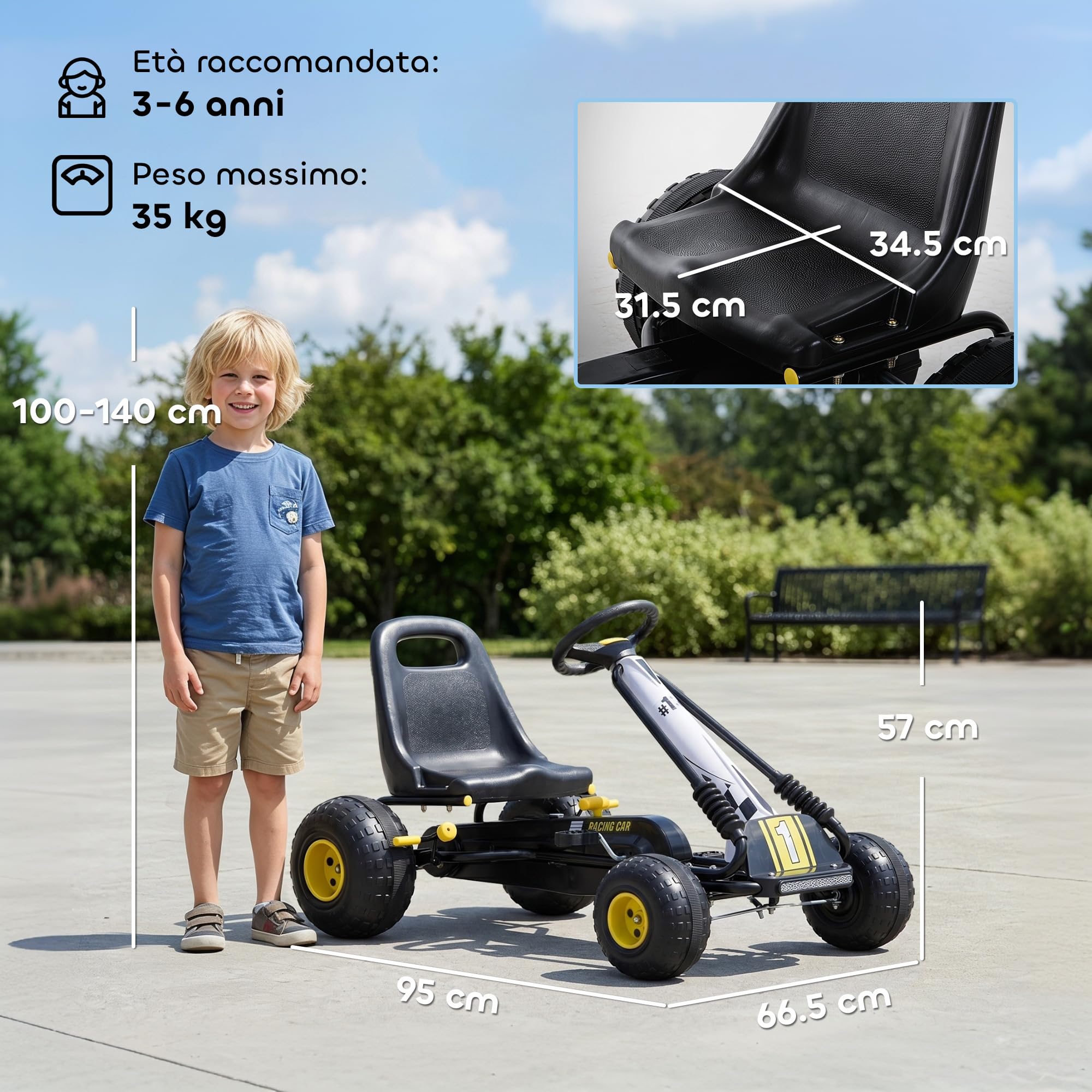 HOMCOM Go-Kart a Pedali per Bambini con Sedile Regolabile, Freno e Frizione, 95x66.5x57cm, Bianco Nero