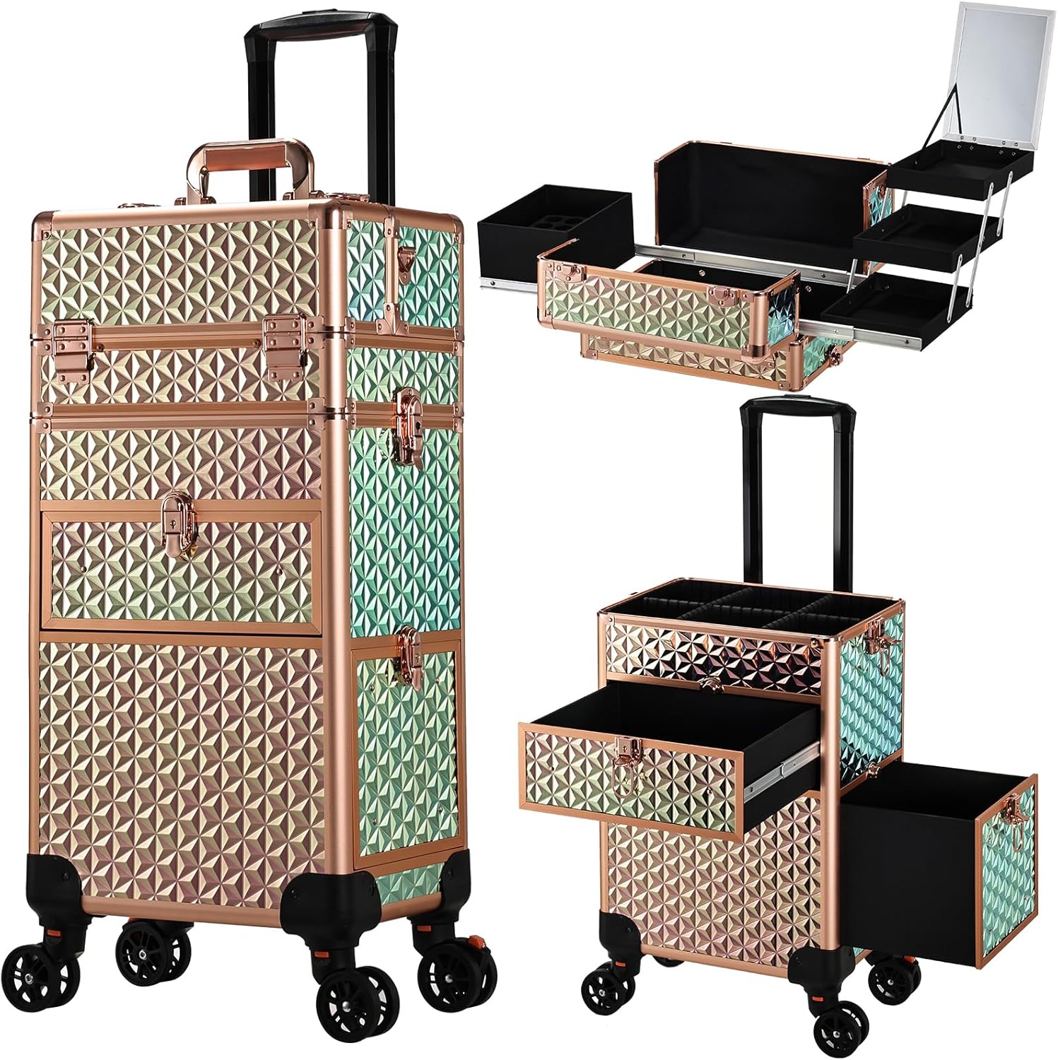 Joligrace Rolling Makeup Case with Wheels & Drawers Large Professional Cosmetology Trolley Case Lockable Travel Cosmetic Storage Train Cases for Nail Makeup Artist and Hairstylist Golden Chameleon