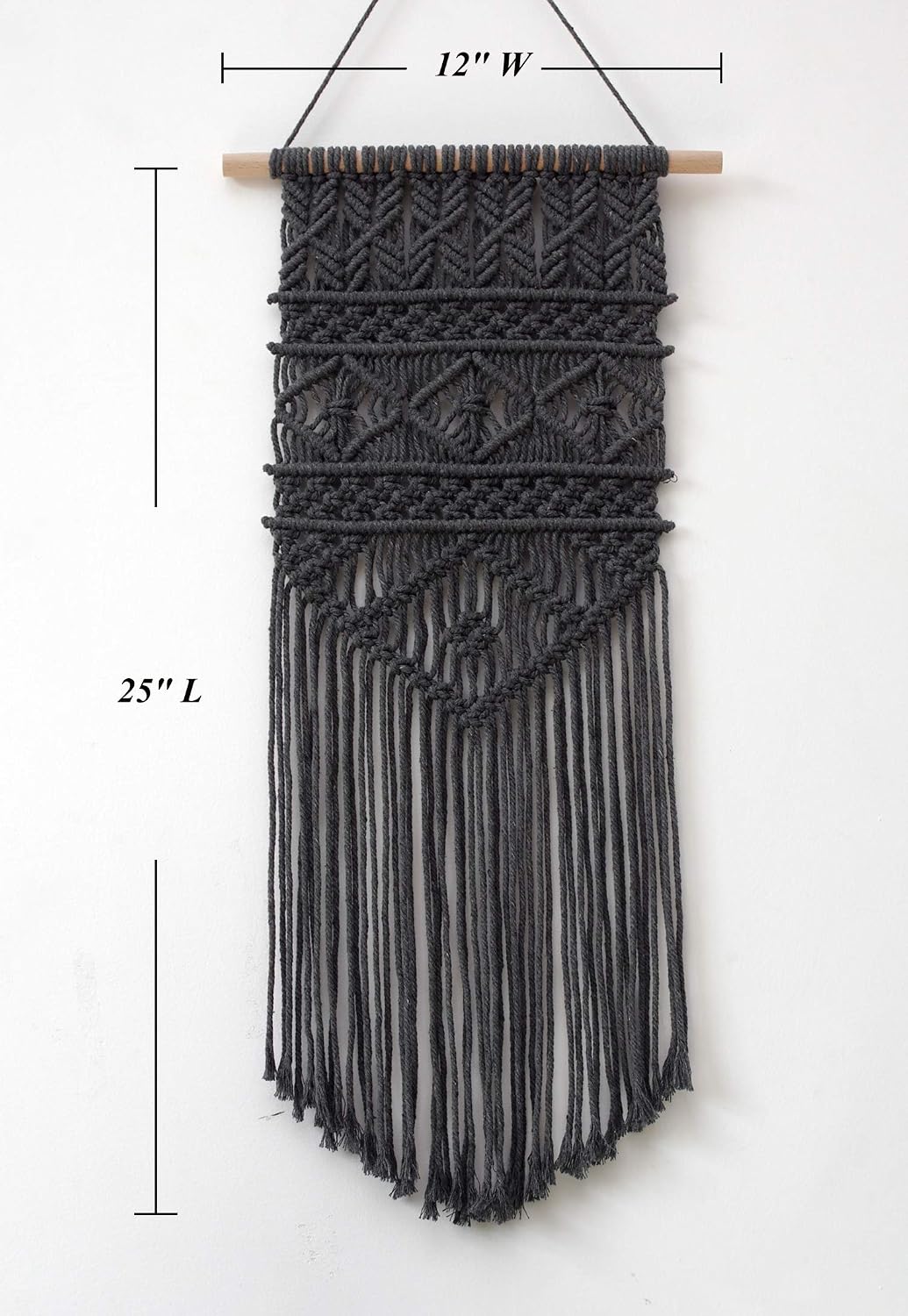 Favibes Macrame Woven Wall Hanging, Modern Geometric Boho Chic Bohemian Home House Living Room, Bedroom, Dorm Room, Apartment, Gallery Wall Art Decor, 12" W x 25" L, Dark Grey