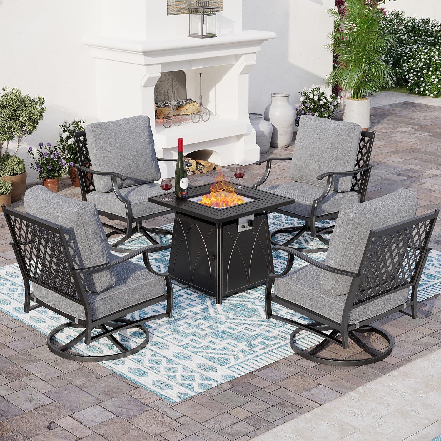 SUNSHINE VALLEY 5 Piece Metal Outdoor Patio Furniture Set with Fire Pit Table, Patio Conversation Sets 4 Swivel Chairs with 5.75" Thick Cushion and 5000 BTU Fire Pit Table, Backyard Furniture, Gray