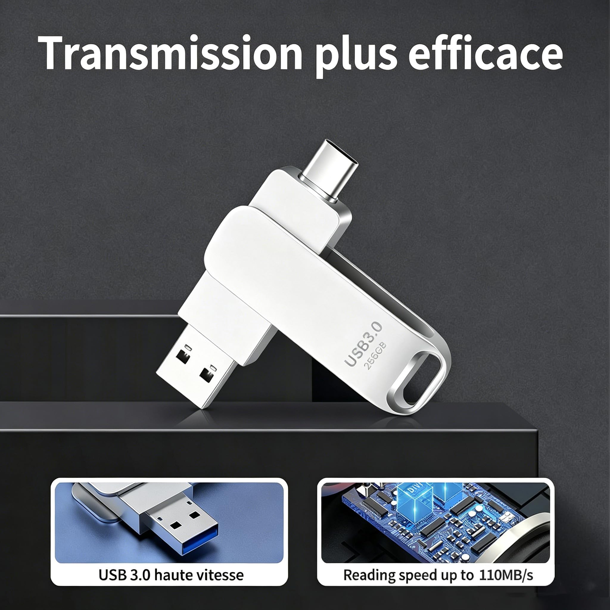 Clé USB 256 Go Double Interface Type-C USB 3.0, Flash Drive Portable Matériau Métallique Pivotant, Compatible Téléphones Portables/Tablettes/Ordinateurs - 4