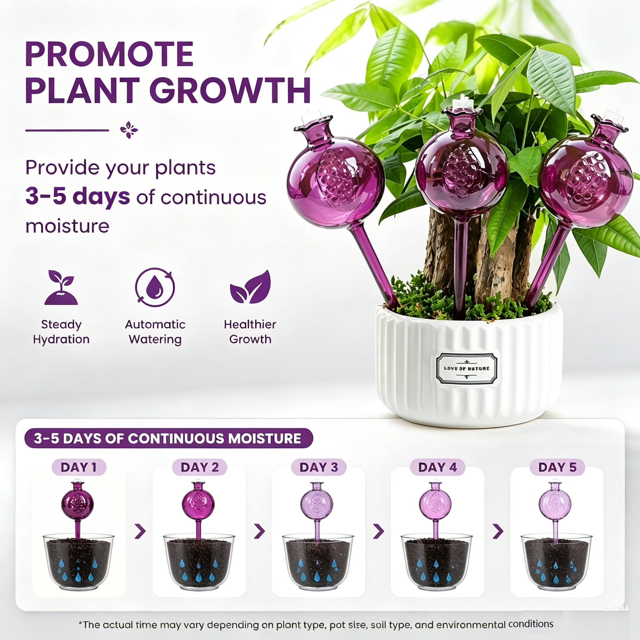Lot de 3 globes d'arrosage automatique en verre violet en forme de grenade, arroseur automatique pour plantes d'intérieur pendant 5 à 7 jours, globes d'arrosage réglables en verre pour