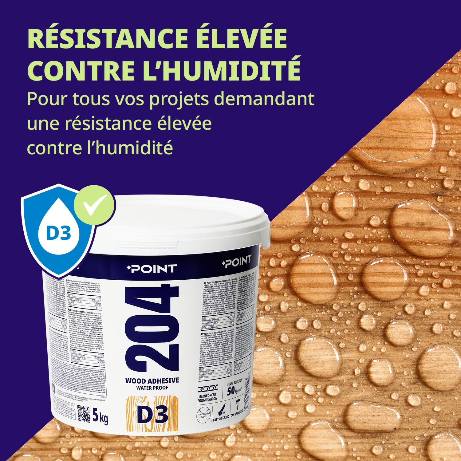 POINT Colle à Bois – Colle Extra Forte D3-PVA 5 kg – Résistante à l’Humidité pour les Meubles, le Bois Dur, le Contreplaqué – Transparente à prise complète en 24 heures