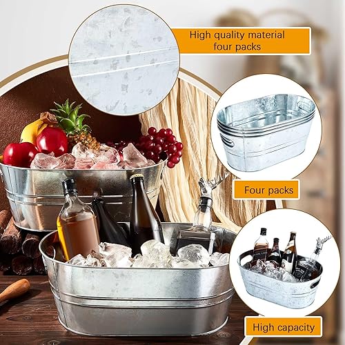 Miniatura 2 de Tessco - 4 tinas de metal galvanizado de 4 galones, cubos de hielo grandes para fiestas, bebidas, recipientes de lata, champán, cóctel, enfriador de