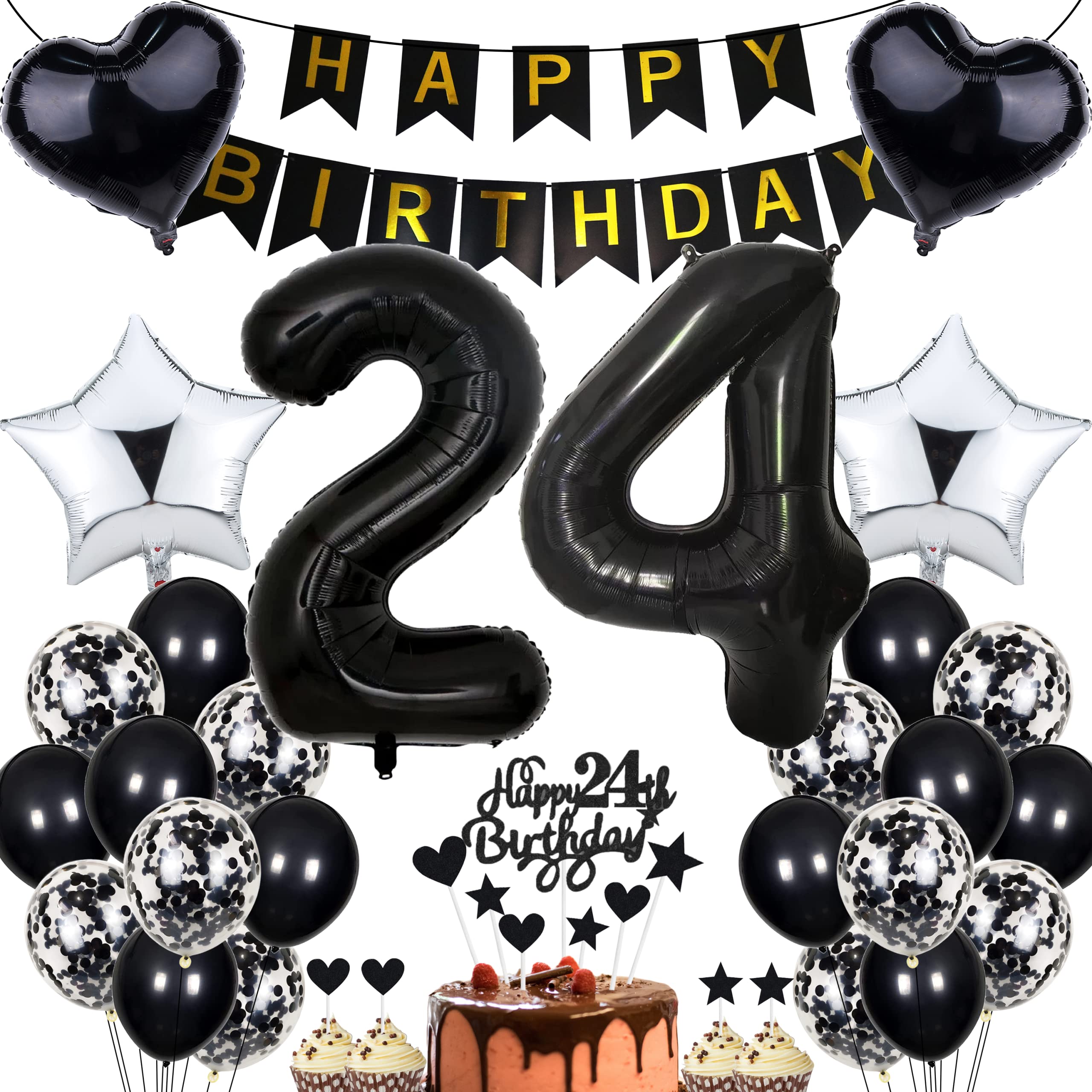 Jrzyhi Balloon 24th Birthday Decoration, Party Decoration Black Cake Decoration Birthday 24 Years Men, 24th Birthday Women Men, Cake Decoration 24th Birthday Man Women, Birthday Decoration 24 Years
