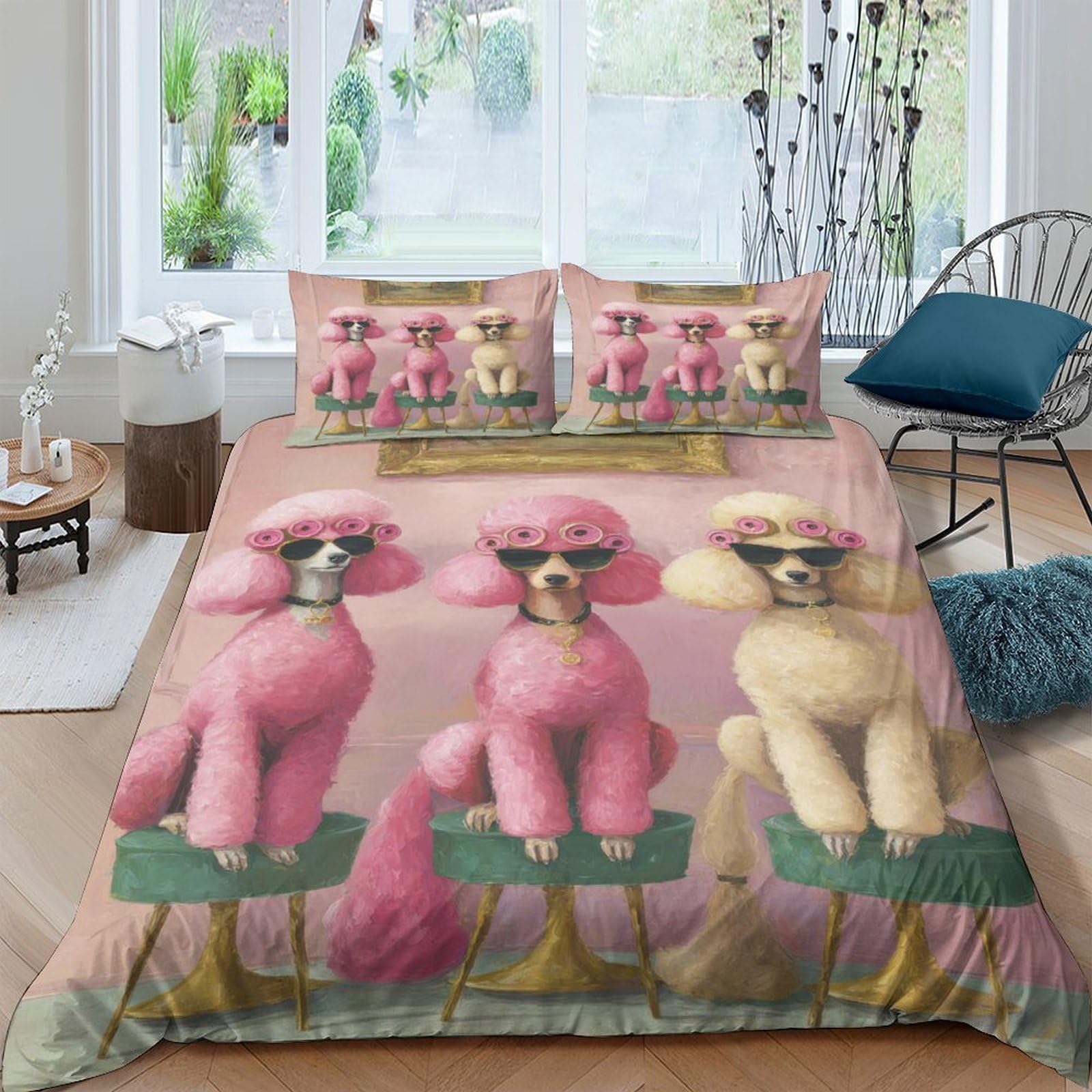 Ctjqhvkz Style-3 3D Printed Pink Poodle Fitted Sheet Microfiber Soft Bedroom Decor Yellow Poodle Mattress Cover For Home Dorm Single（135X200cm）