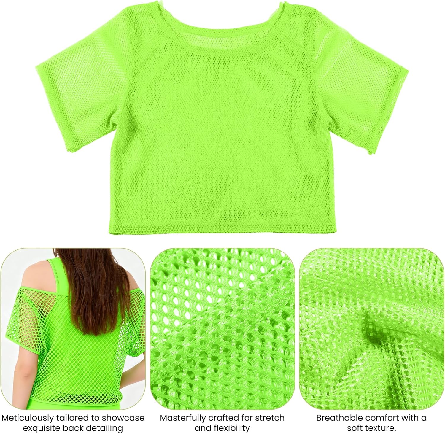 80s Neon Shirts for Women, Fishnet Neon Off Shoulder Top Women Casual 80s Costumes T Shirts, Suitable for Masquerade Disco Party - Image 6