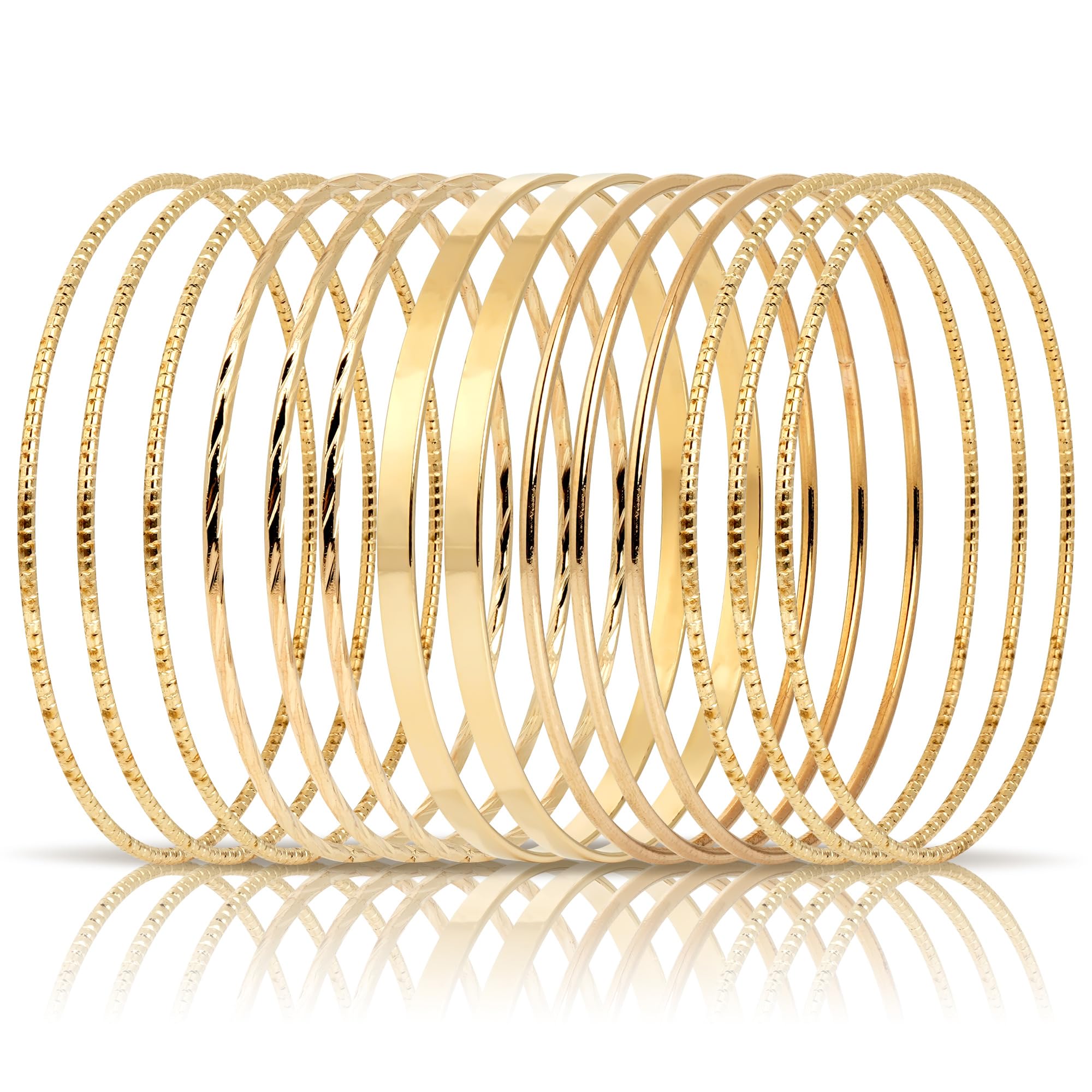 Plus Size Bangle Bracelets Set for Women, Set of 14 Stainless Steel Irregular Stacked Round Golden Bangles, 8.6 Inches, Large