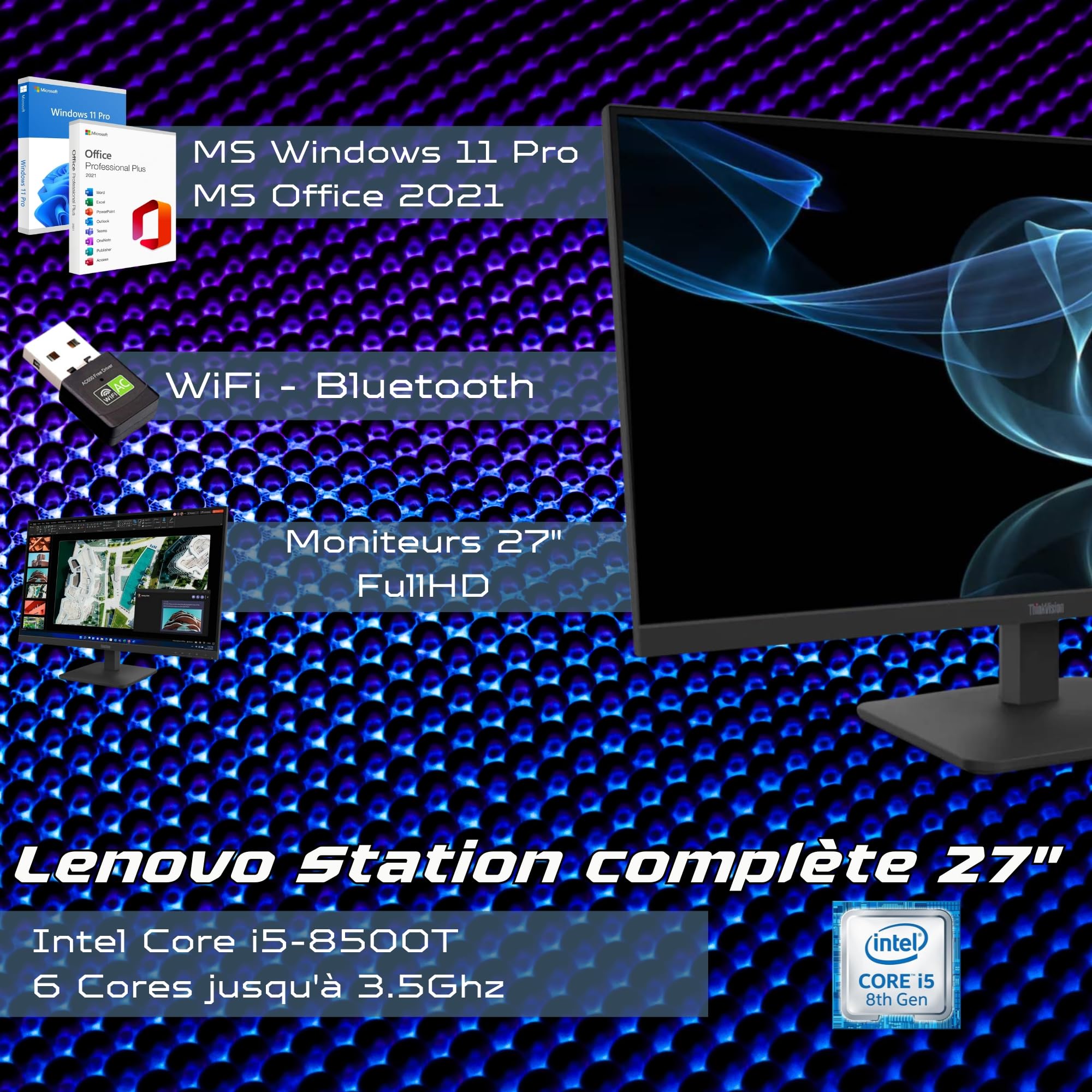 Lenovo Ordinateur Complet 27" i5 8500 16 Go RAM 1 Tera SSD Win 11 Pro Office 2021 Pro Garantie 36 Mois -c27-40