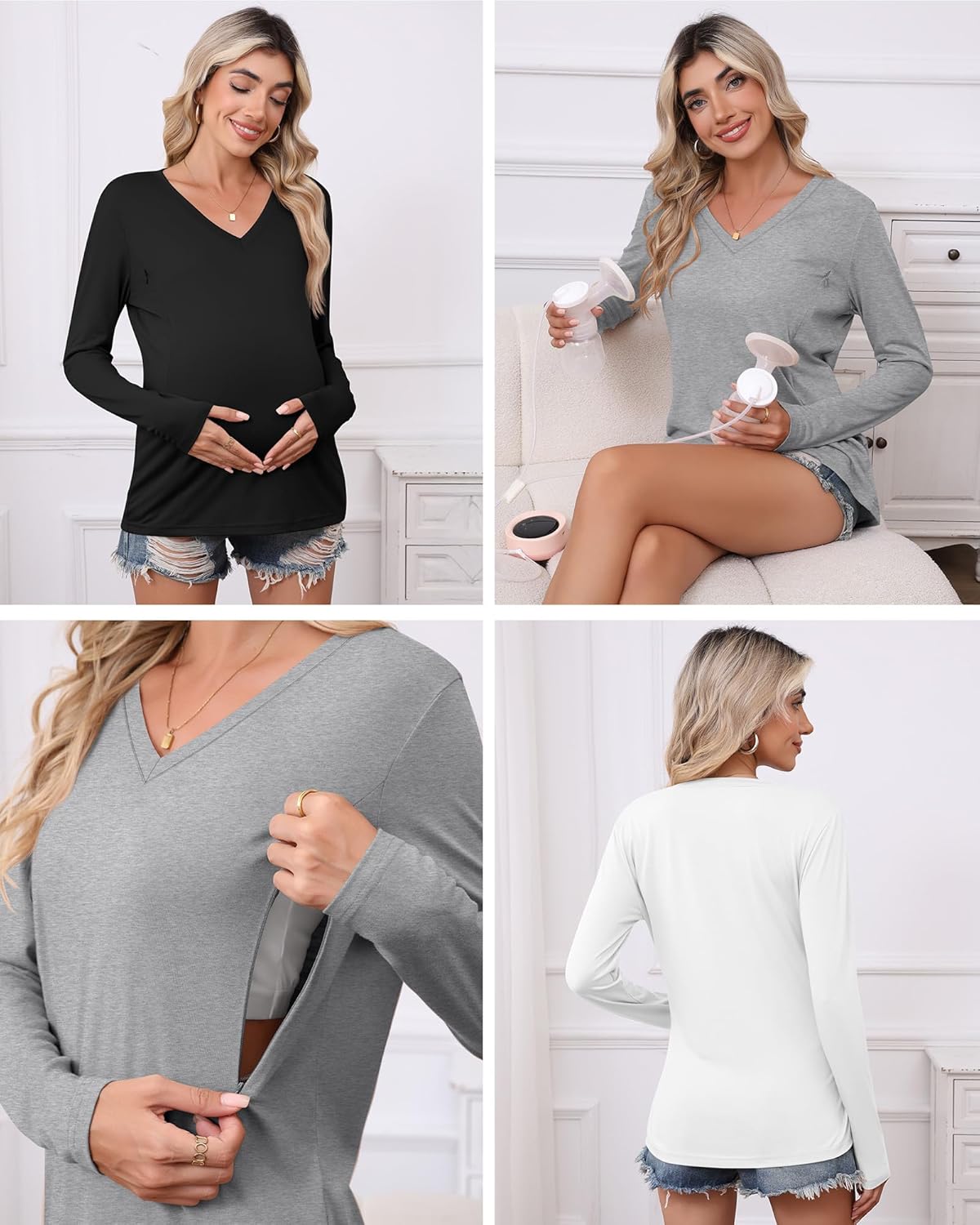 Huukeay 3 Pack Women's Long Sleeve Nursing Tops, Breastfeeding Hidden Zippers Shirts V Neck Maternity Pregnancy Tees Clothes - Image 4