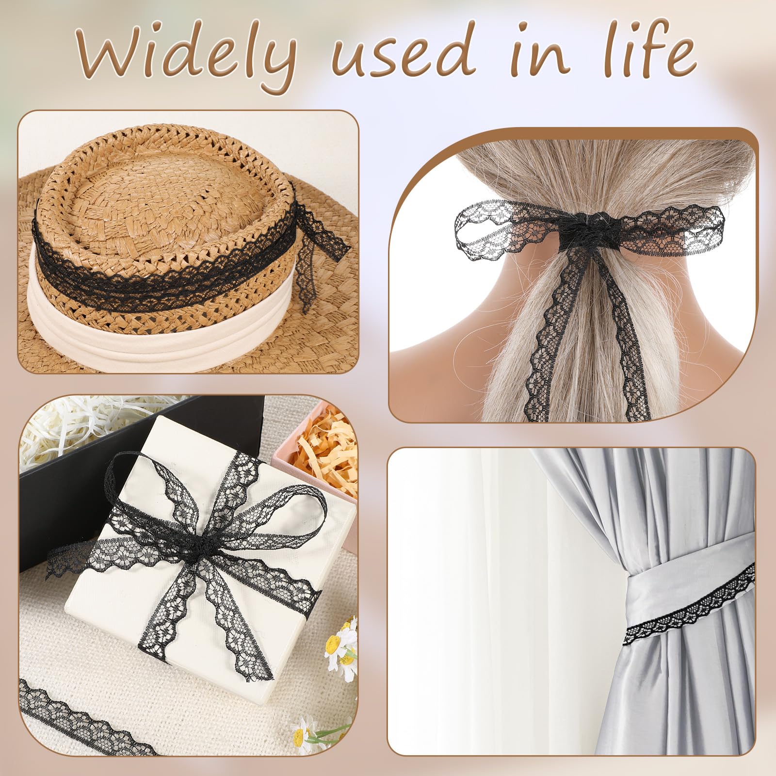 30 Yards Black Lace Ribbon Roll 0.6 Inch Wide Flower Fabric Lace Trim Roll Sewing Crafts Trim Ribbon for Wedding Decoration, Bouquet, and Gift Packaging