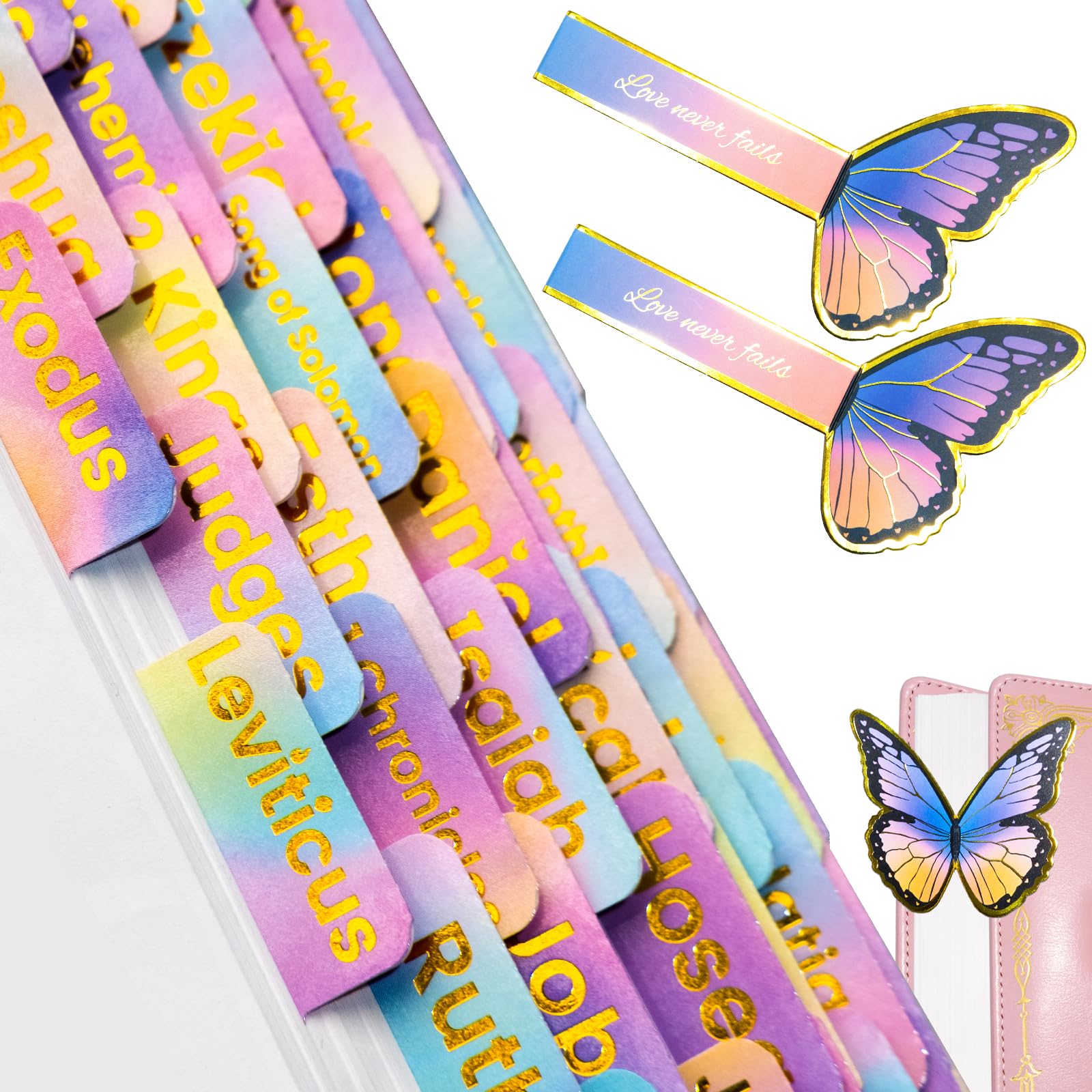 Bible Tabs with Butterfly Bookmarks, Gold Foil Laminated Bible Tabs, Bible Tabs for Women, Christian Gifts, Large Print Bible Tabs, Bible Book Index Tabs Labels, Bible Study Supplies (Rainbow)