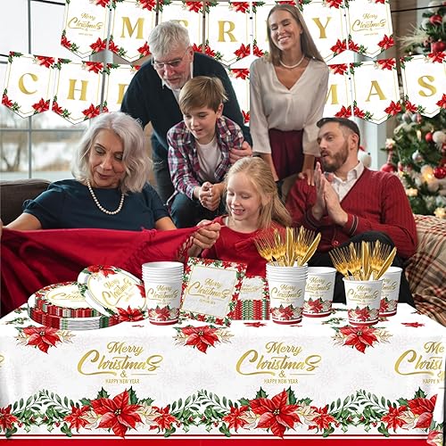 Miniatura 4 de Juego de vajilla de Navidad desechable de 142 piezas, decoración de fiesta de Navidad, juego de vajilla de Pascua con platos, servilletas, vasos,