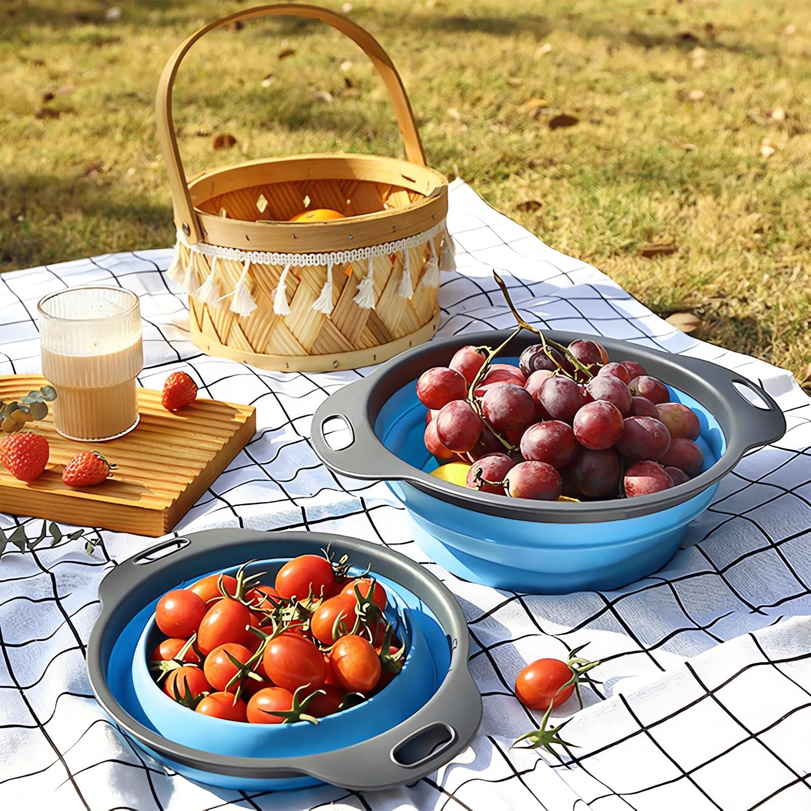 Set di 3 colini pieghevoli salvaspazio per cucina, 3 misure, colino per scolare pasta, verdura e frutta, gadget da cucina per uso domestico e campeggio all'aperto (blu)