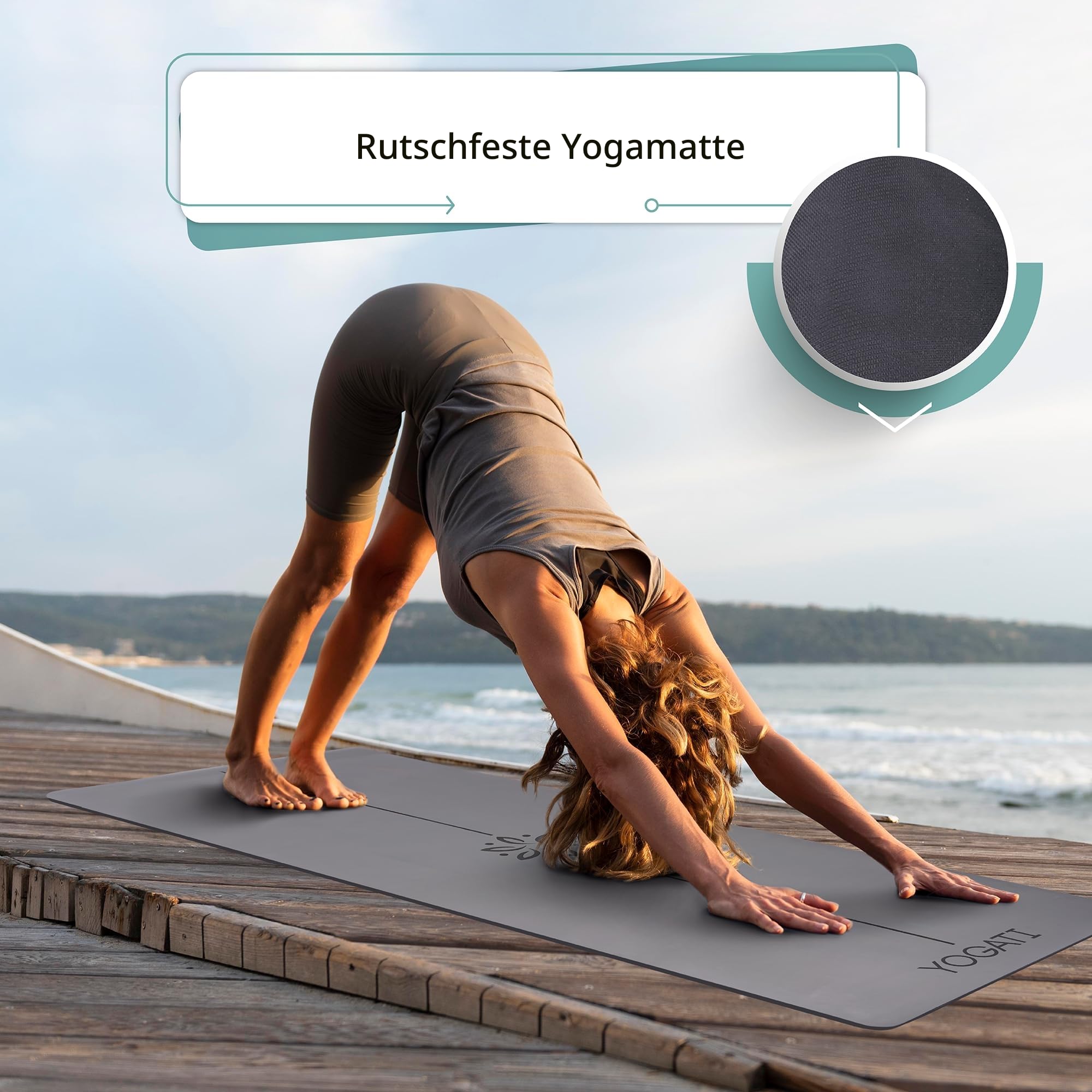 YOGATI® Yogamatte rutschfest Naturkautschuk mit Tasche - Yoga Matte groß mit Markierung, Sportmatte breit, Ideal für Fitness, Pilates und Gym Workout, Fitnessmatte Rutschfest für Damen