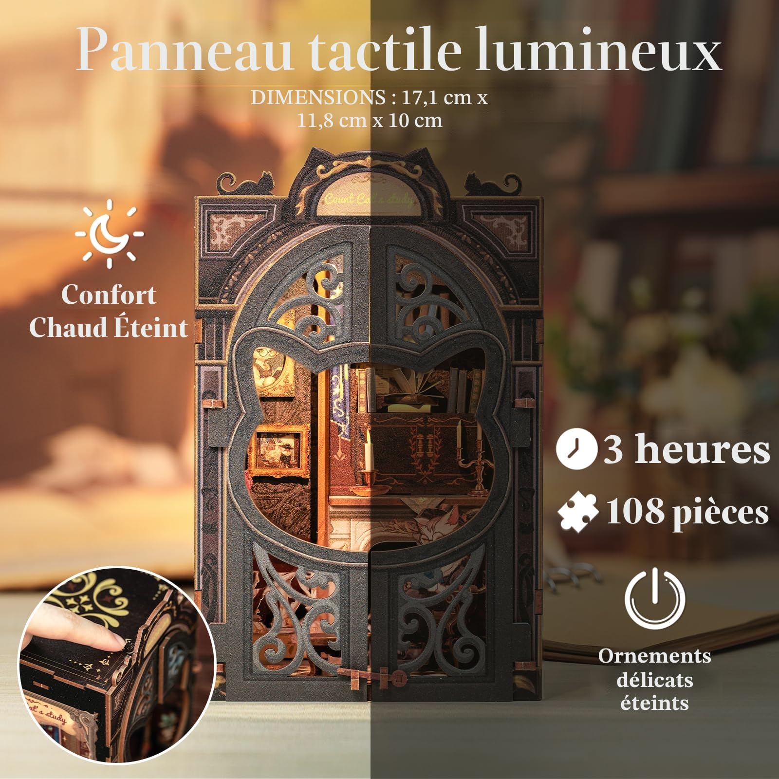 Cutefun Book Nook Kit - Coin de Livre avec Housse Anti-poussière, Maison de Poupée Miniature, Serre-Livres, Modèle de Bibliothèque avec Meubles et Lumière LED