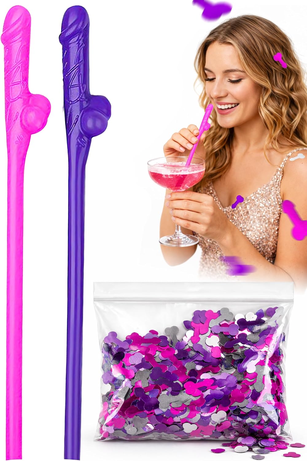 Bachelorette Pennis Straws 10 Pcs with Party Confetti Pack, Funny Willy Drinking Straws, Crazy Hen Night Party Favors