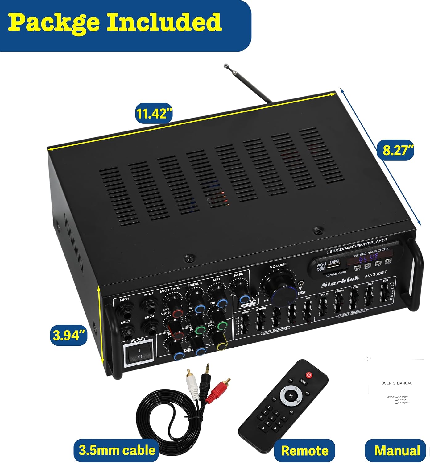 2000W 2.0 Channel Stereo Amplifier, Home Audio Receiver with Multiple Input Modes, EQ Mixer, Mic Input & Remote Control for Home Theater, Car Audio, Karaoke, Party & Outdoor Camping