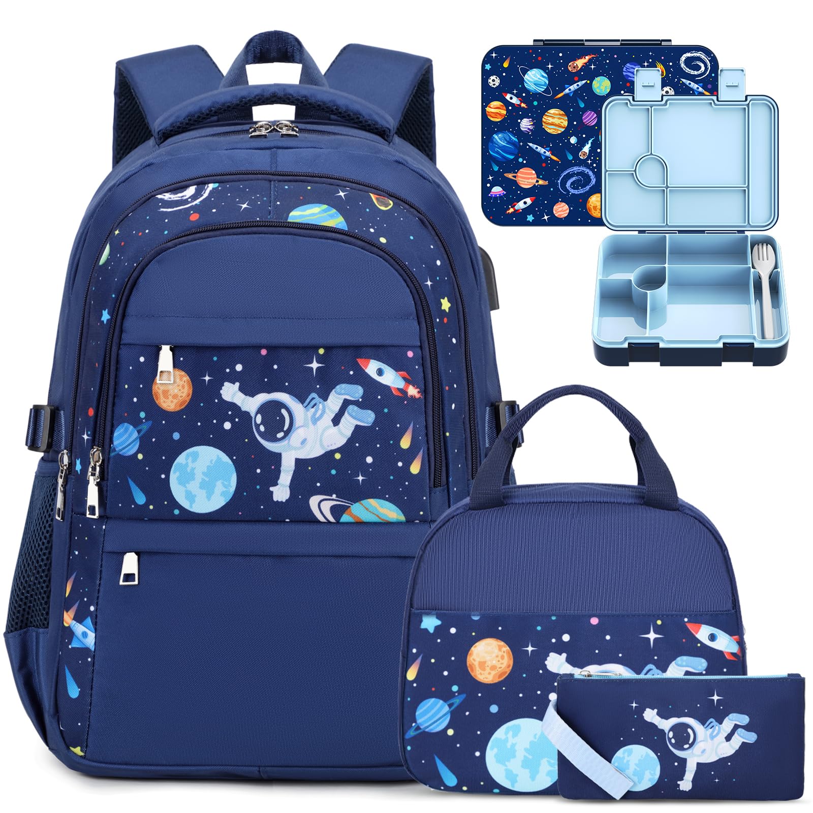 ACESAK Boys Backpack - Astronaut Bento Box with Insulated Lunch Bag Pencil Case & Utensils Set for Kids, 6 Leakproof Compartments Removable Tray