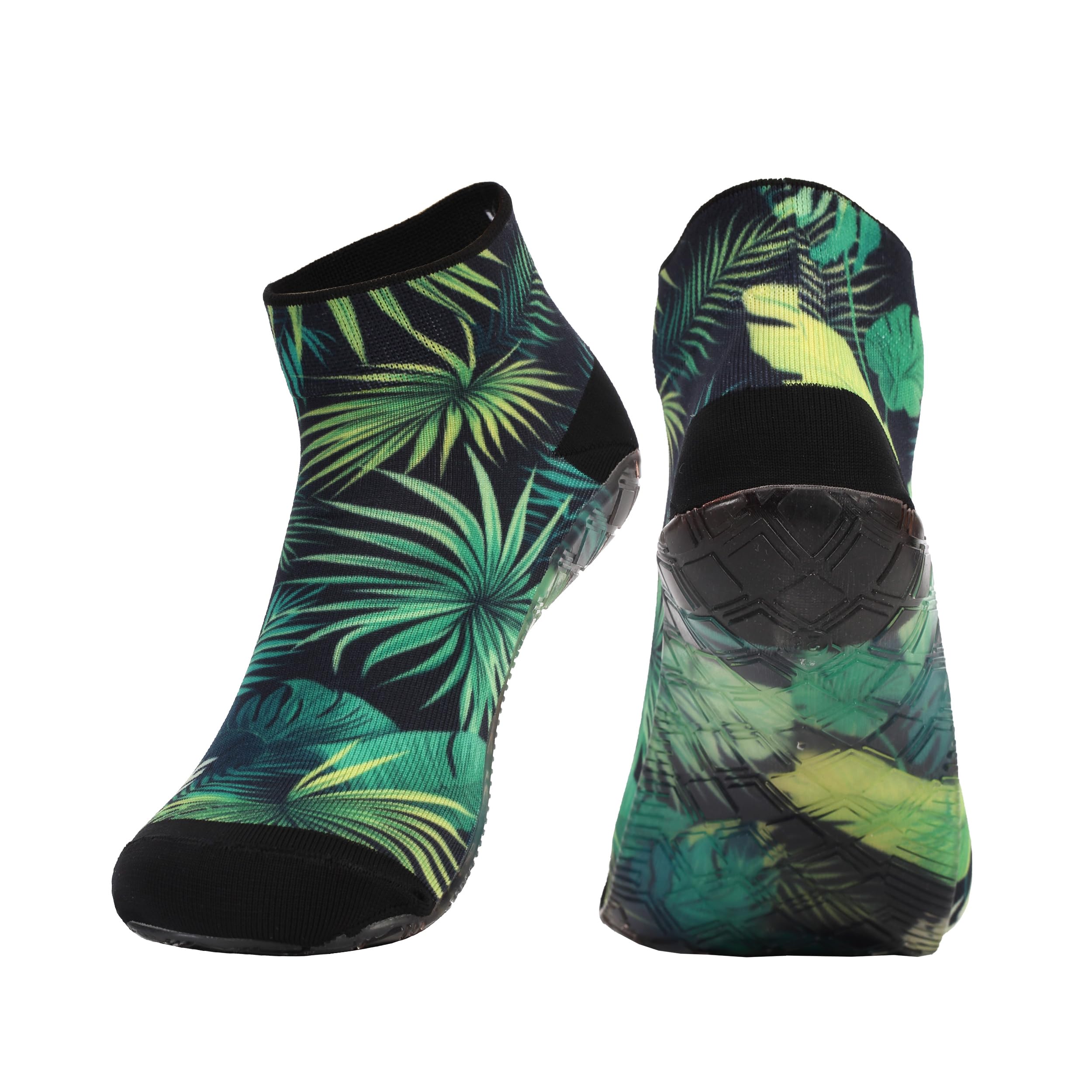 RANDY SUN Low Cut Quick-Dry Barefoot Beach Socks with Anti-Slip TPE Sole, Breathable Lightweight Shoes for Sand, Seamless Aqua Socks, Green Foliage Size 27